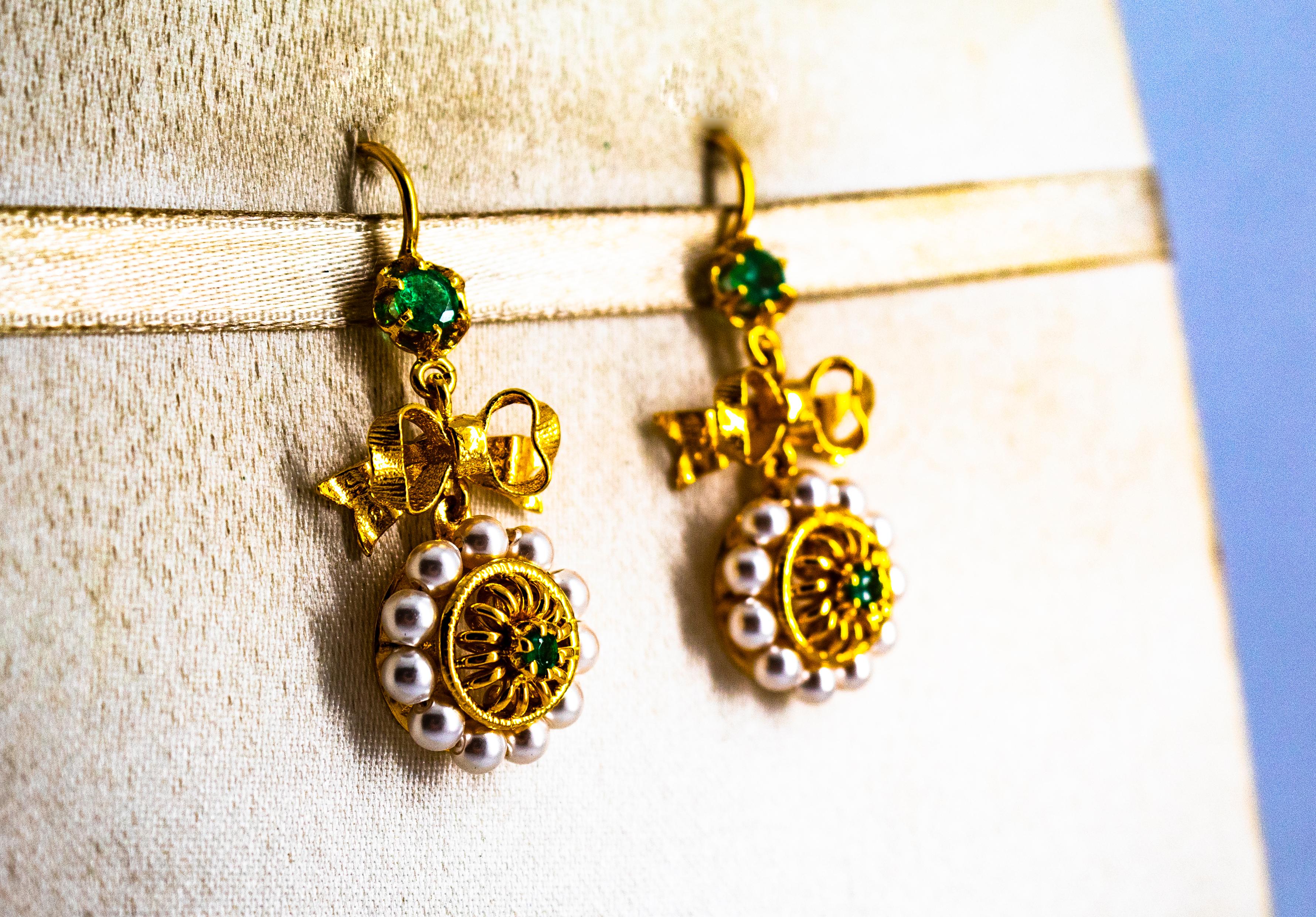 Women's or Men's Art Deco Style Micro Pearls 0.70 Carat Emerald Yellow Gold Drop Stud Earrings