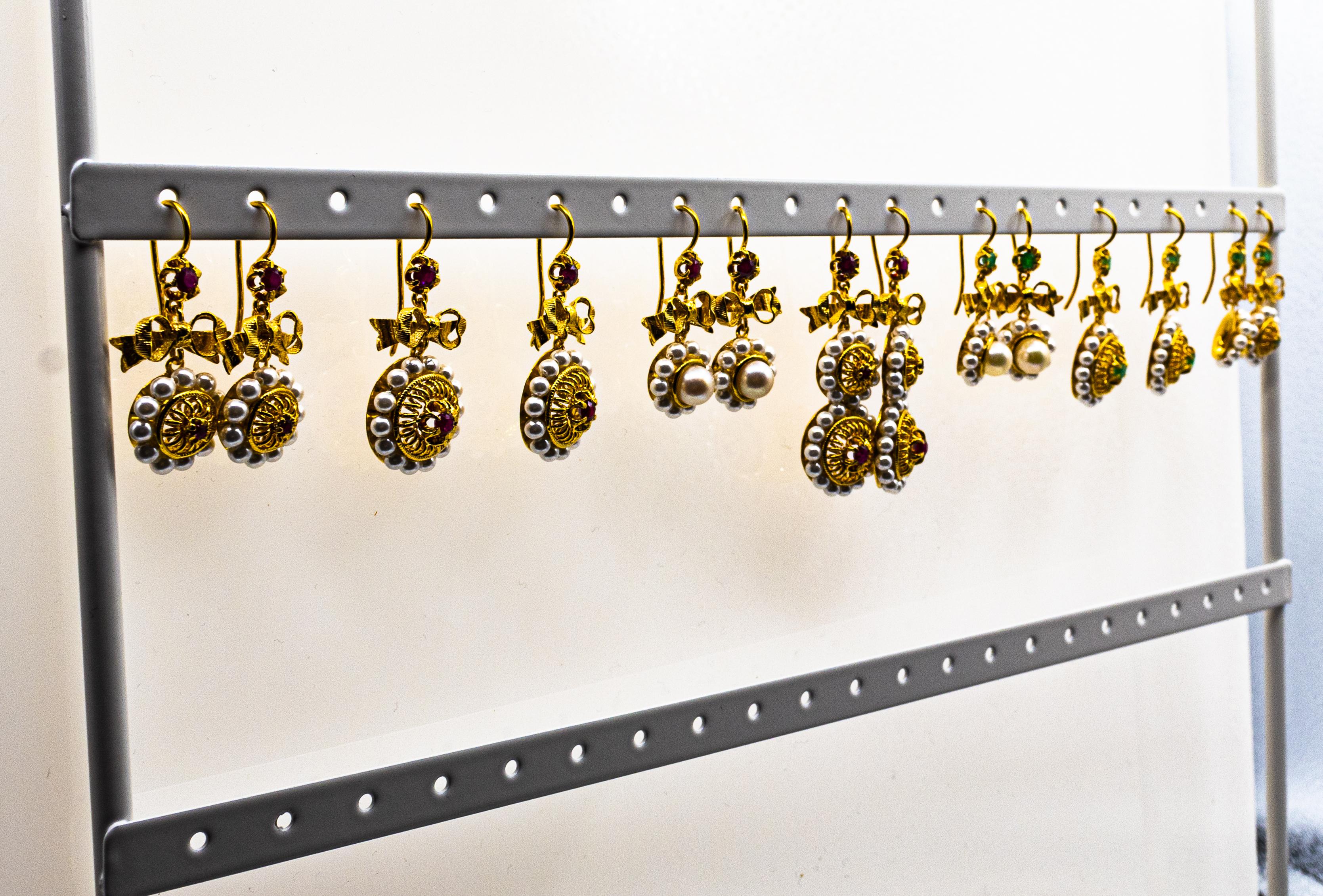 Women's or Men's Art Deco Style Micro Pearls 0.70 Carat Emerald Yellow Gold Drop Stud Earrings For Sale