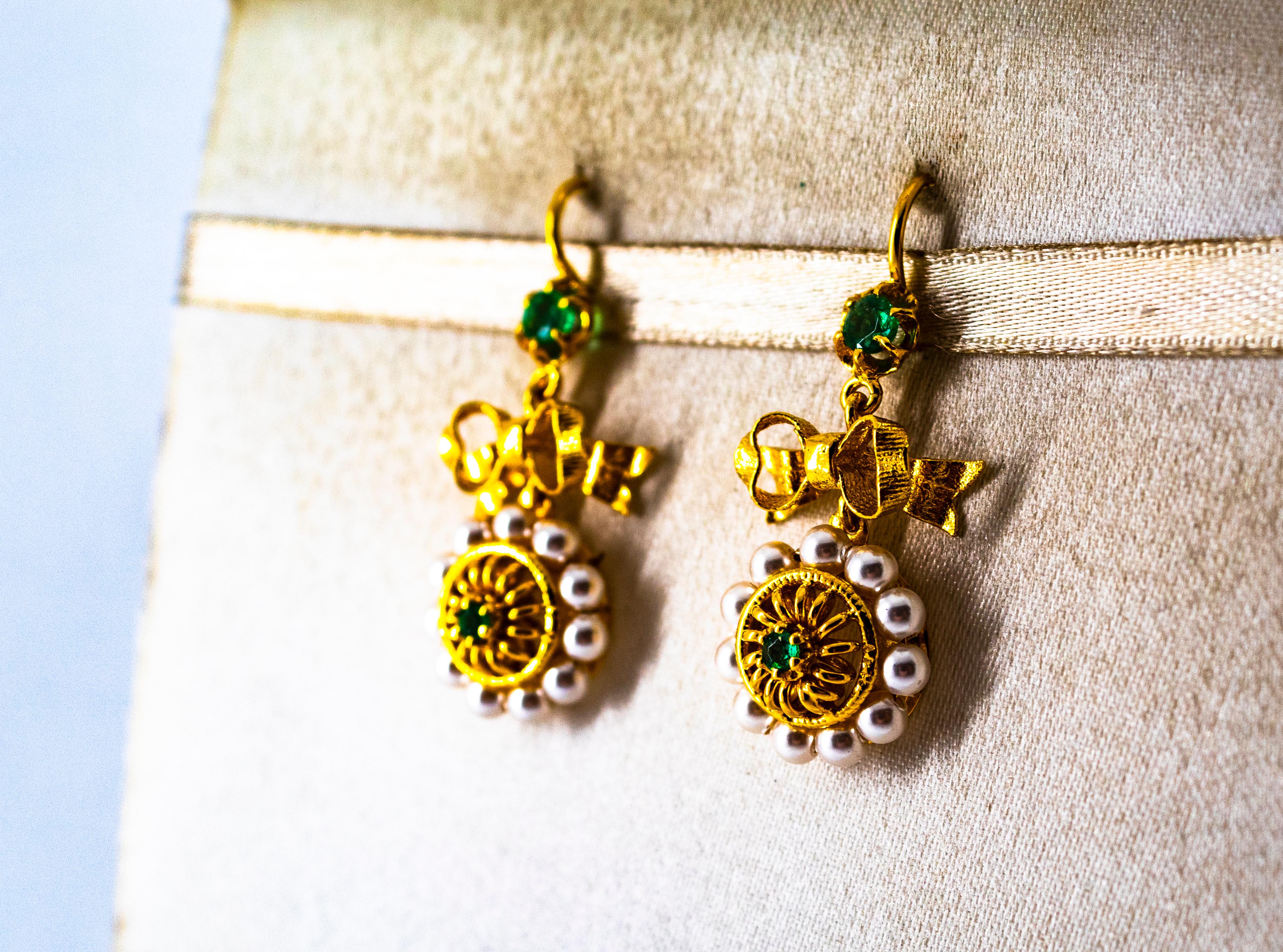 Art Deco Style Micro Pearls 0.70 Carat Emerald Yellow Gold Drop Stud Earrings 1
