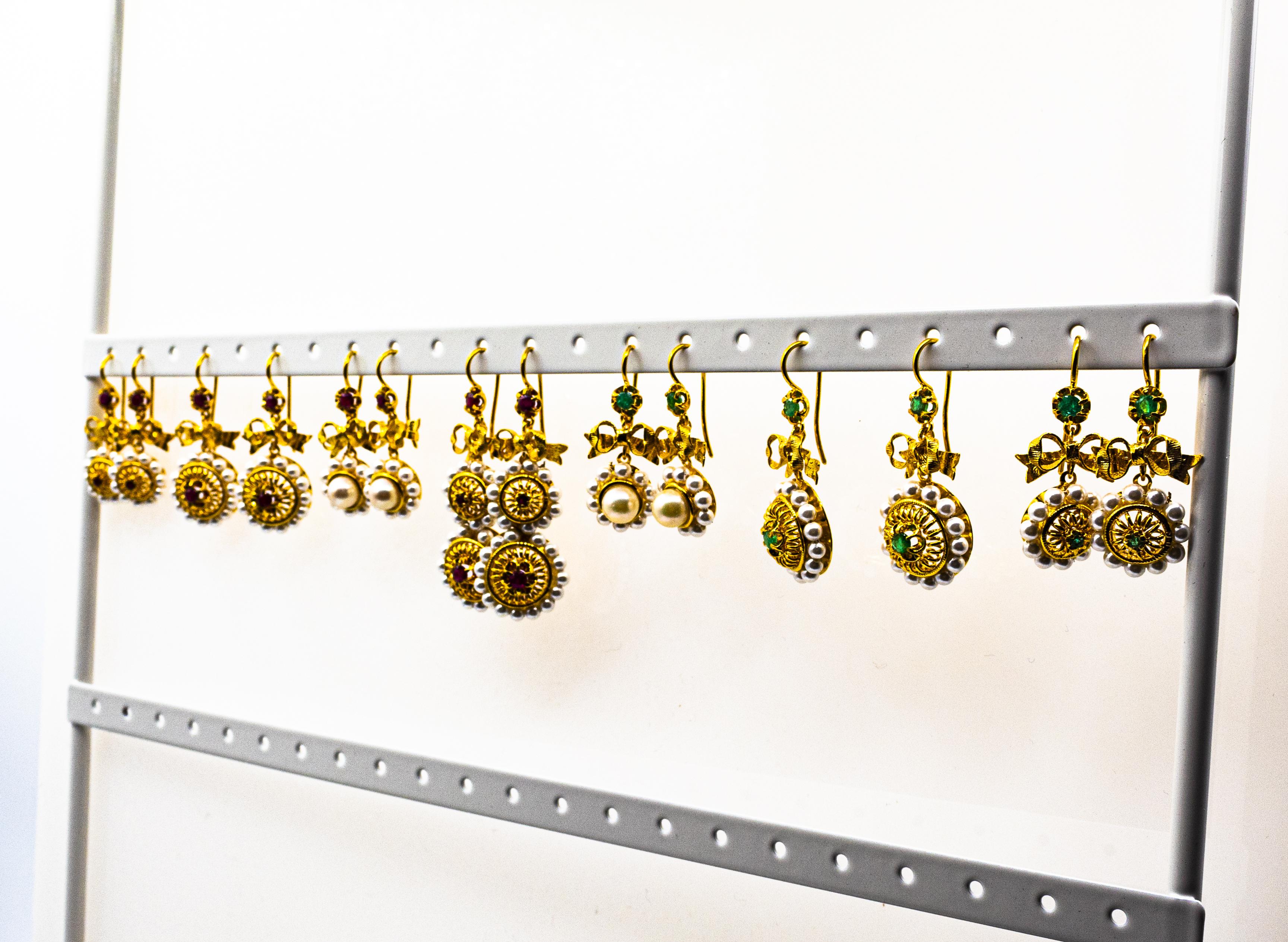 Art Deco Style Micro Pearls 0.70 Carat Emerald Yellow Gold Drop Stud Earrings 1