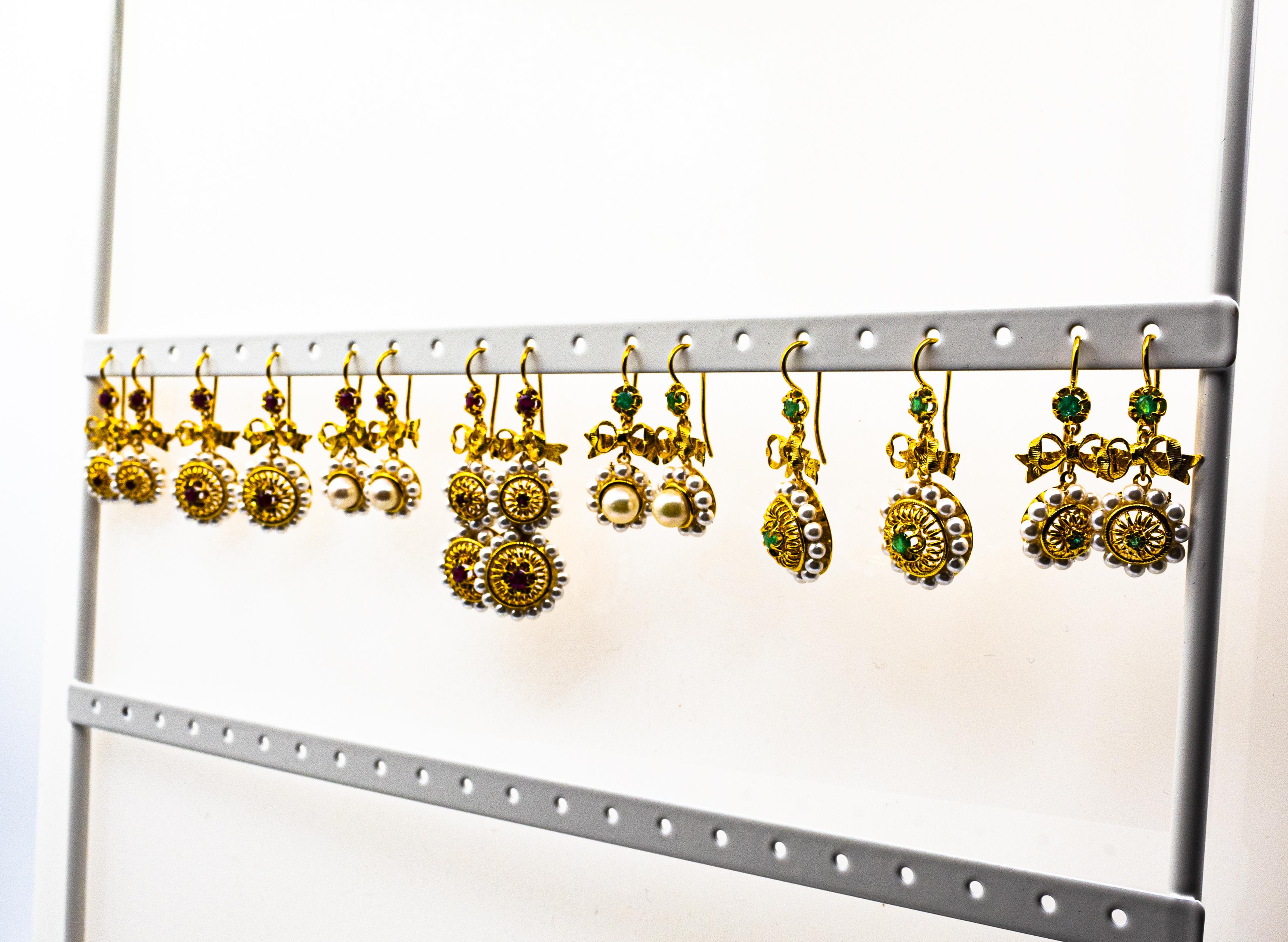Art Deco Style Micro Pearls 0.70 Carat Emerald Yellow Gold Drop Stud Earrings For Sale 1