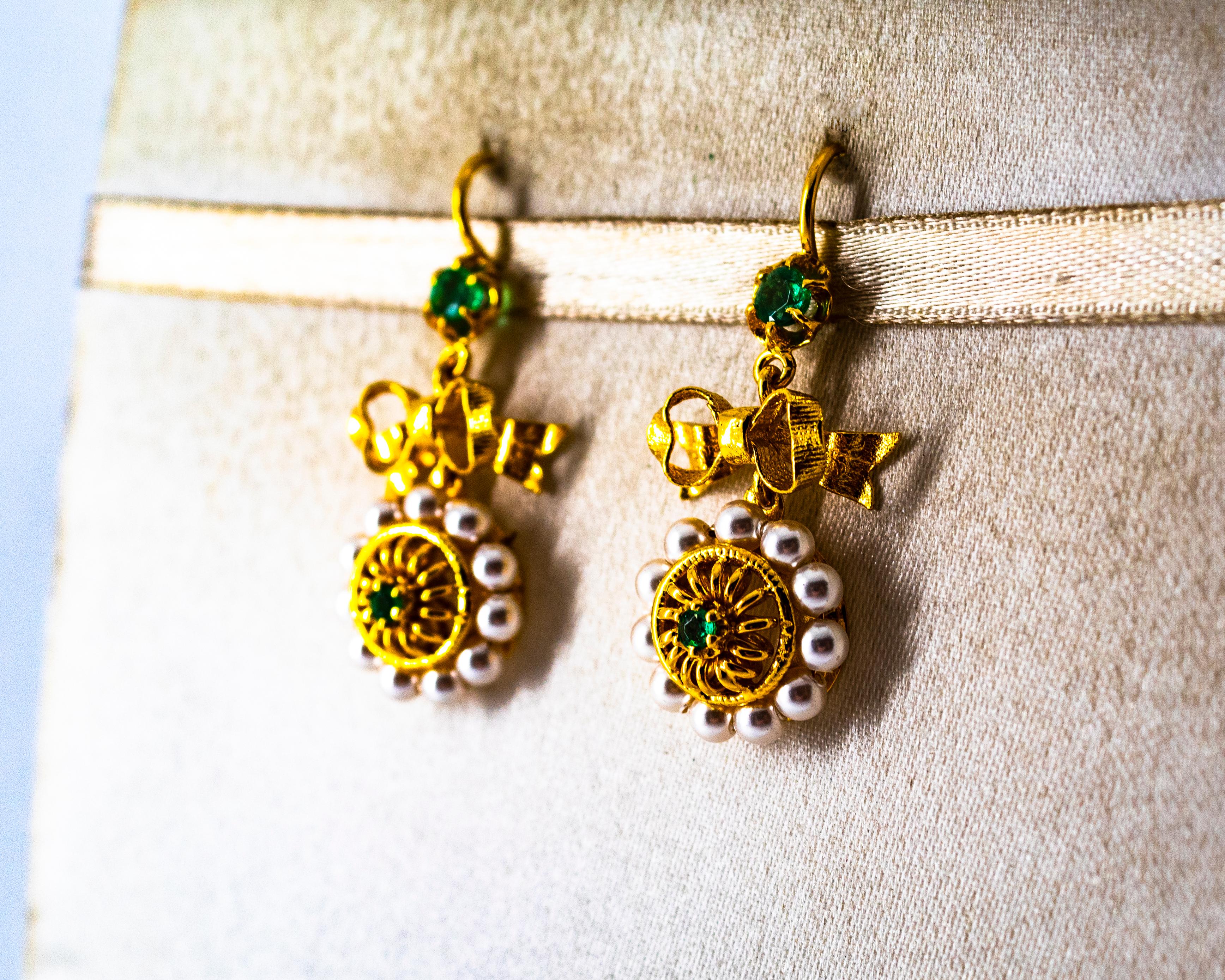 Art Deco Style Micro Pearls 0.70 Carat Emerald Yellow Gold Drop Stud Earrings 2
