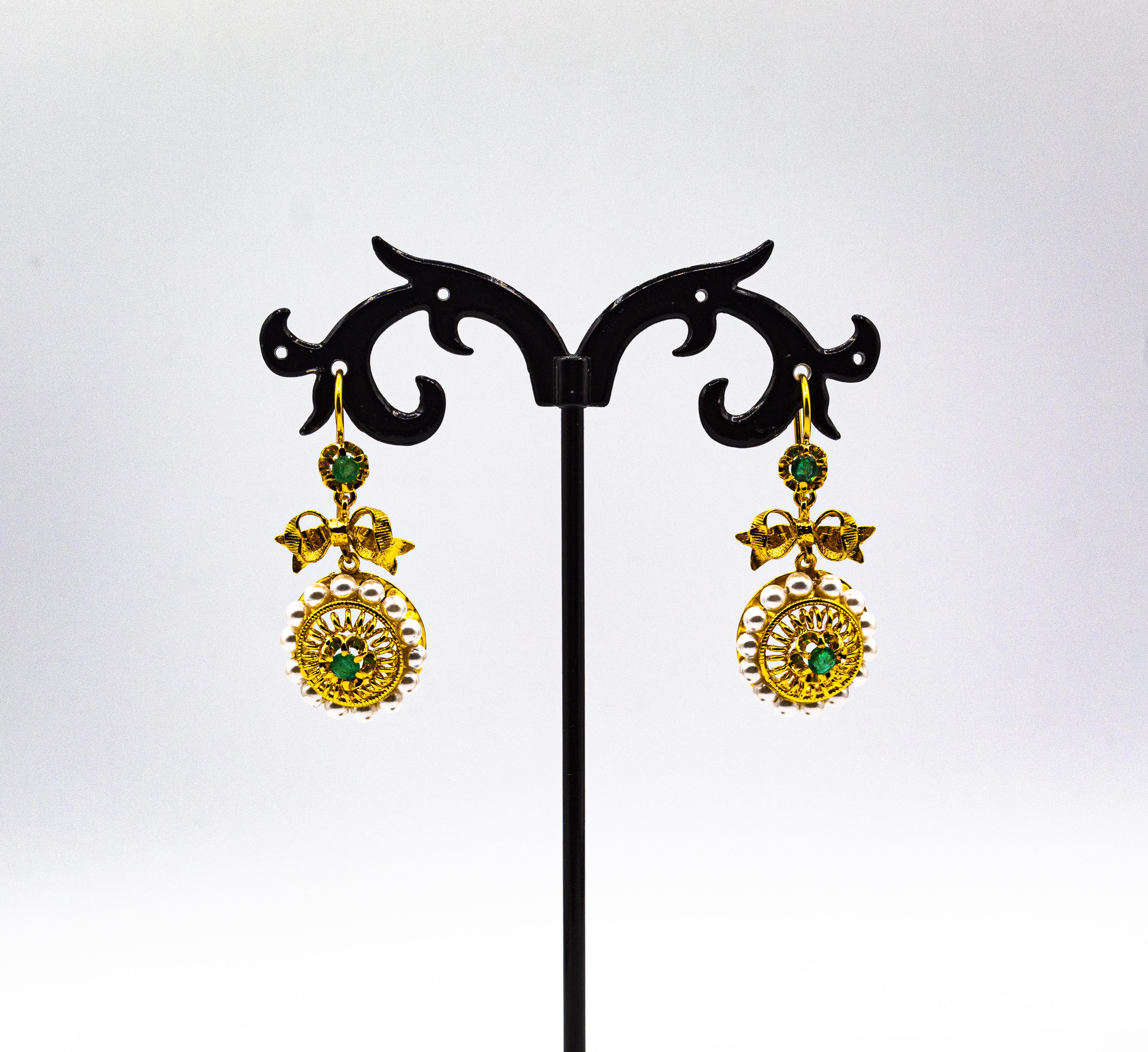 Art Deco Style Micro Pearls 0.70 Carat Emerald Yellow Gold Drop Stud Earrings For Sale 2