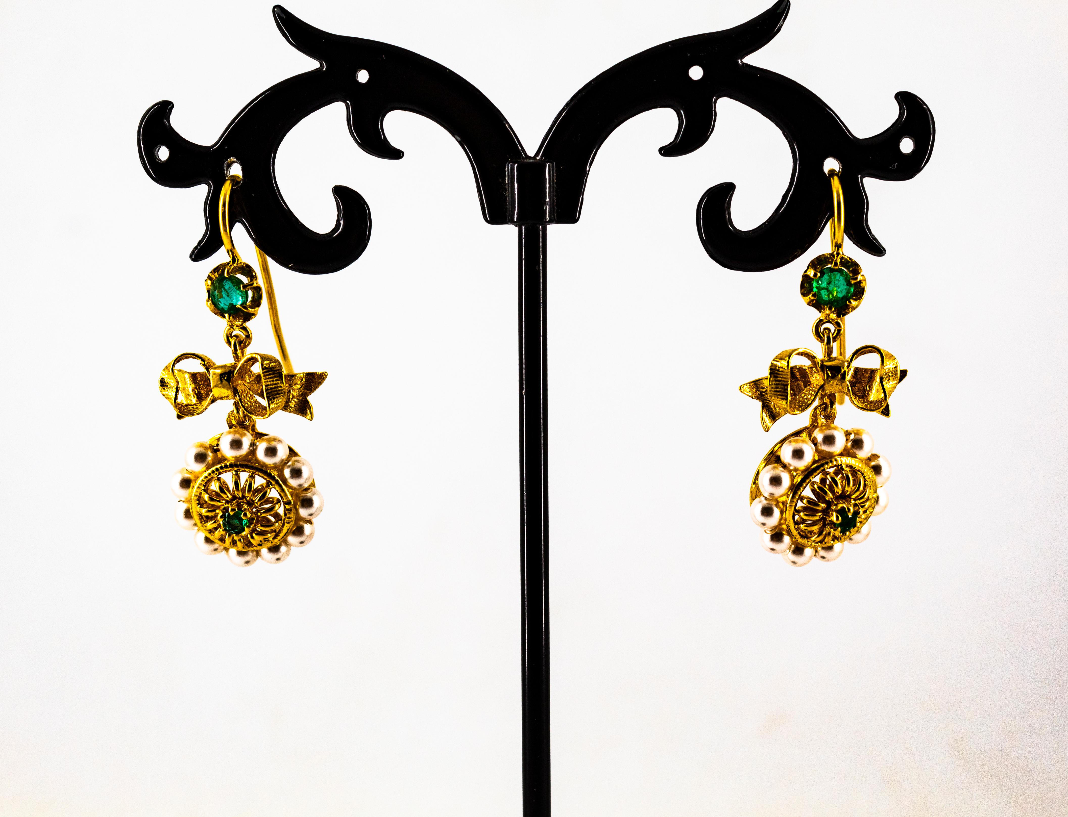 Art Deco Style Micro Pearls 0.70 Carat Emerald Yellow Gold Drop Stud Earrings 3