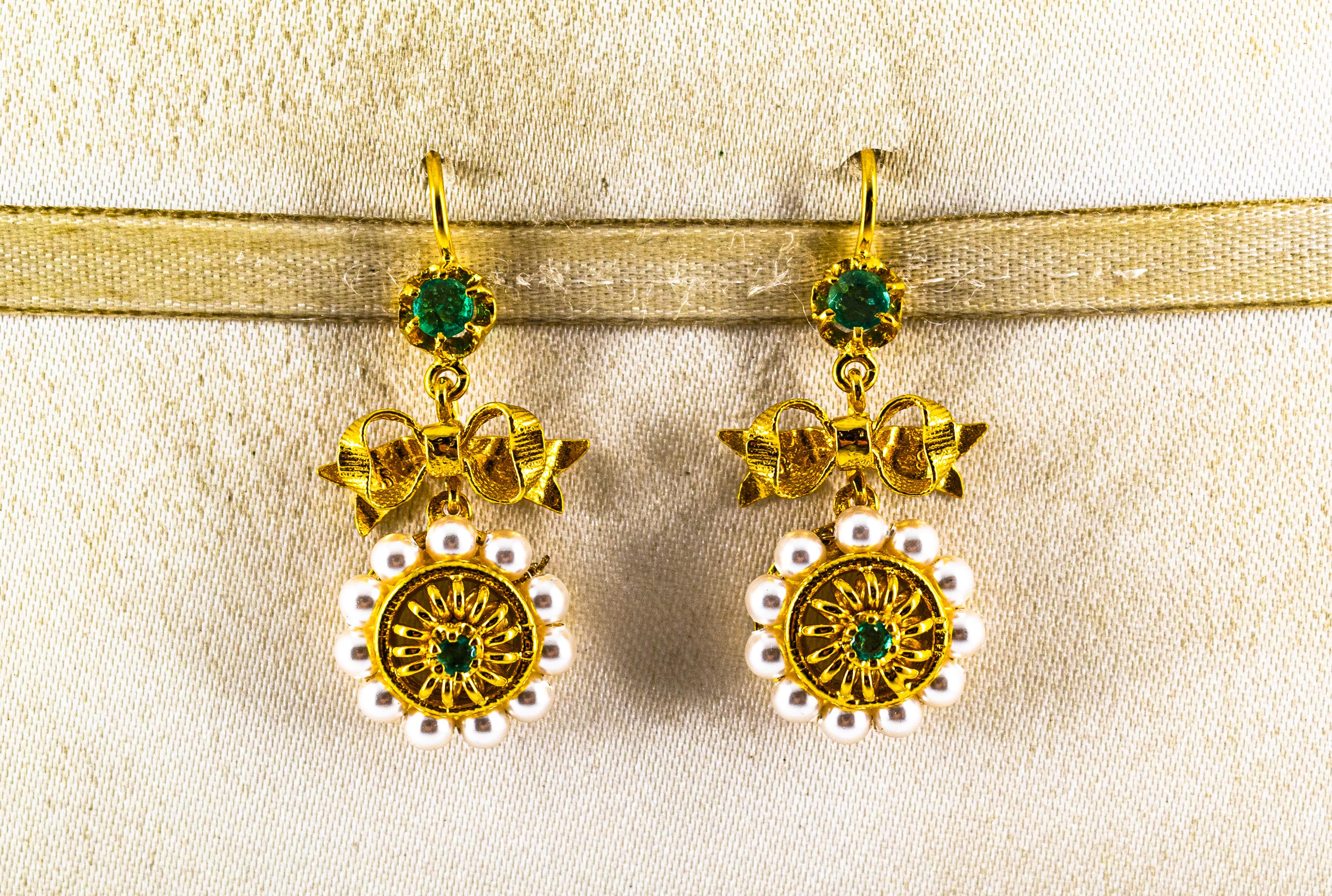 Art Deco Style Micro Pearls 0.70 Carat Emerald Yellow Gold Drop Stud Earrings For Sale 3
