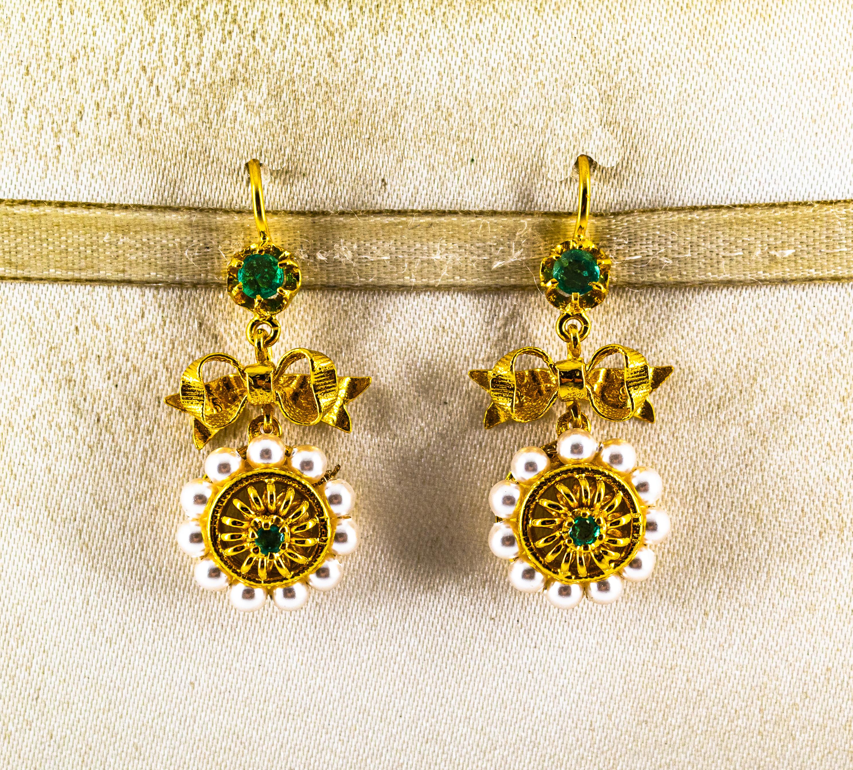Art Deco Style Micro Pearls 0.70 Carat Emerald Yellow Gold Drop Stud Earrings For Sale 4