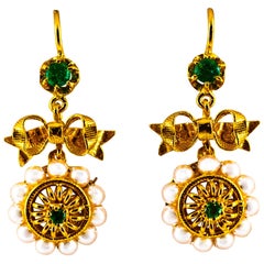 Art Deco Style Micro Pearls 0.70 Carat Emerald Yellow Gold Drop Stud Earrings
