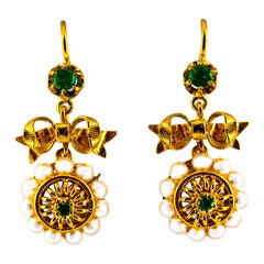 Art Deco Style Micro Pearls 0.70 Carat Emerald Yellow Gold Drop Stud Earrings