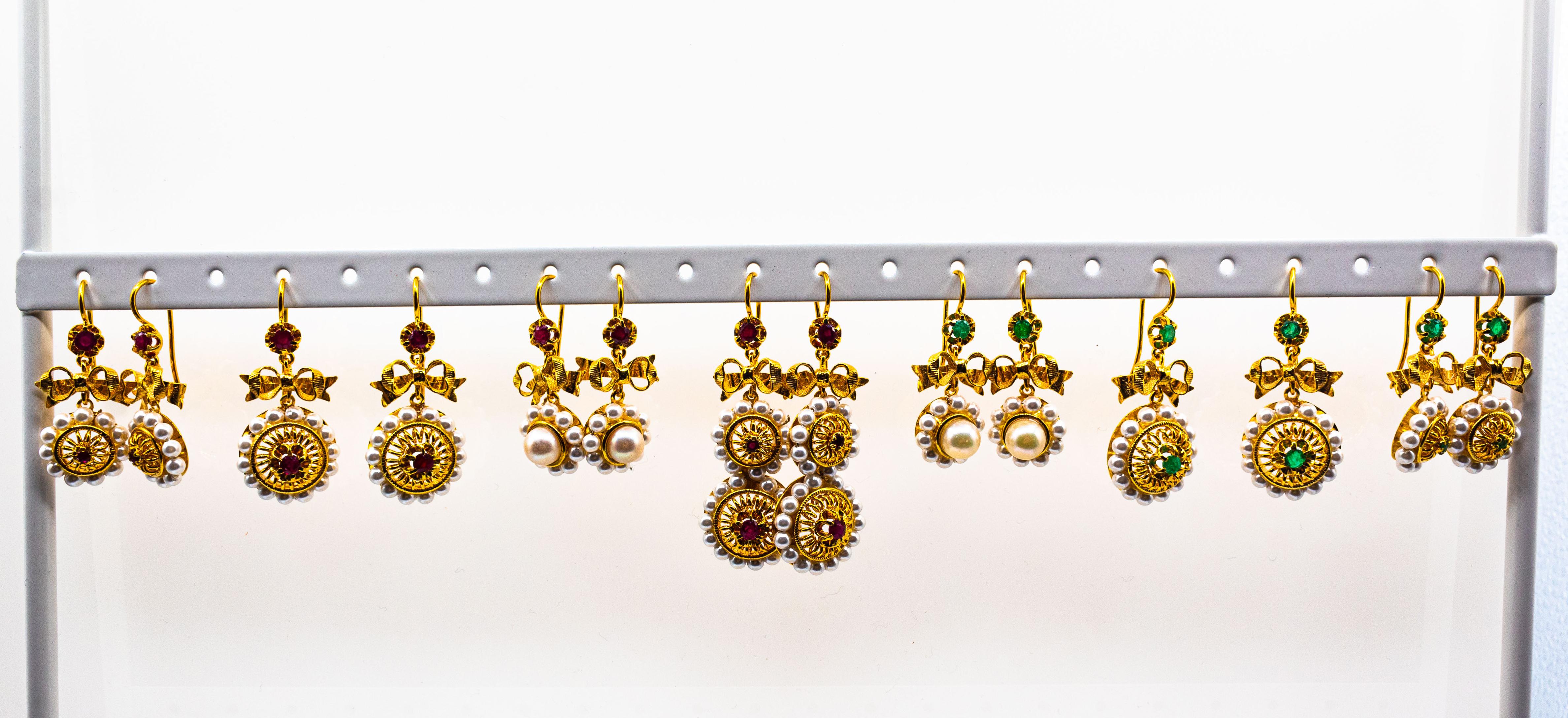 Taille brillant Boucles d'oreilles en goutte de style Art déco en or jaune avec micro-perles de 0.70 carat et rubis en vente
