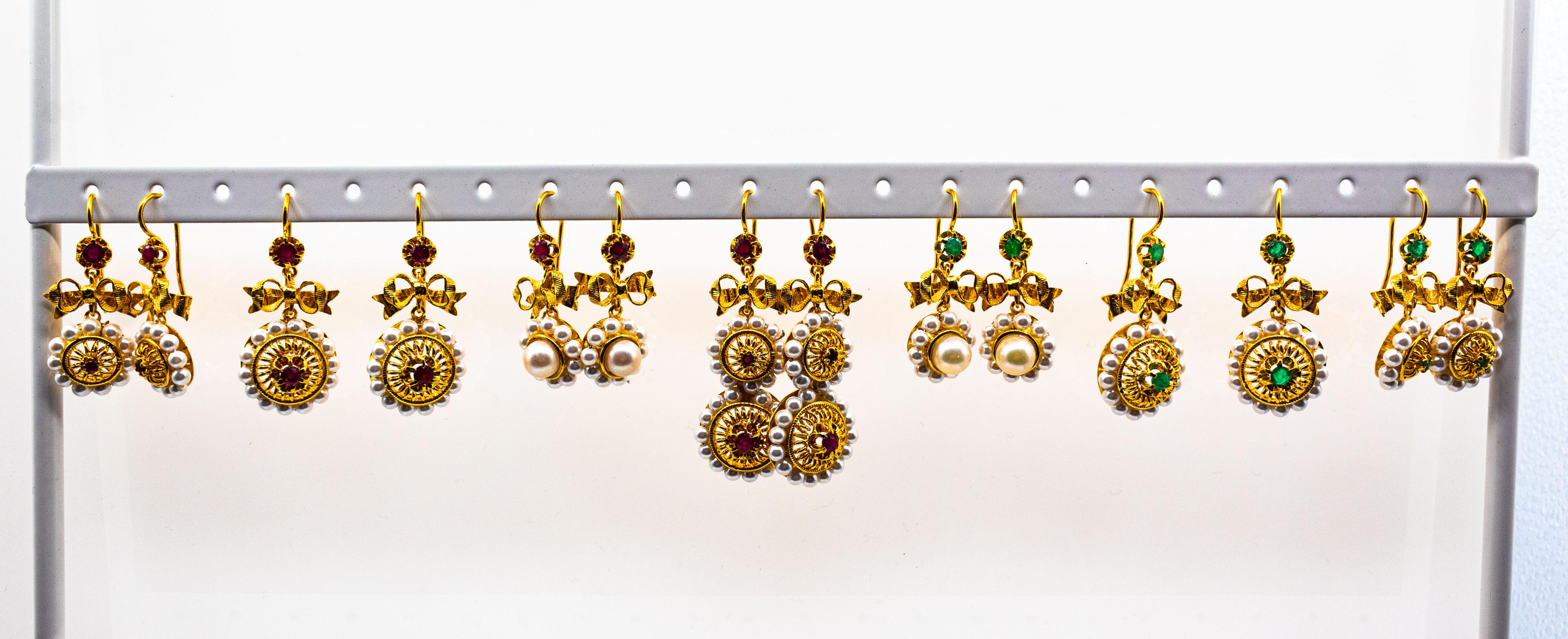 Taglio brillante Orecchini a goccia in oro giallo con microperle da 0.70 carati e rubino in stile Art Deco in vendita