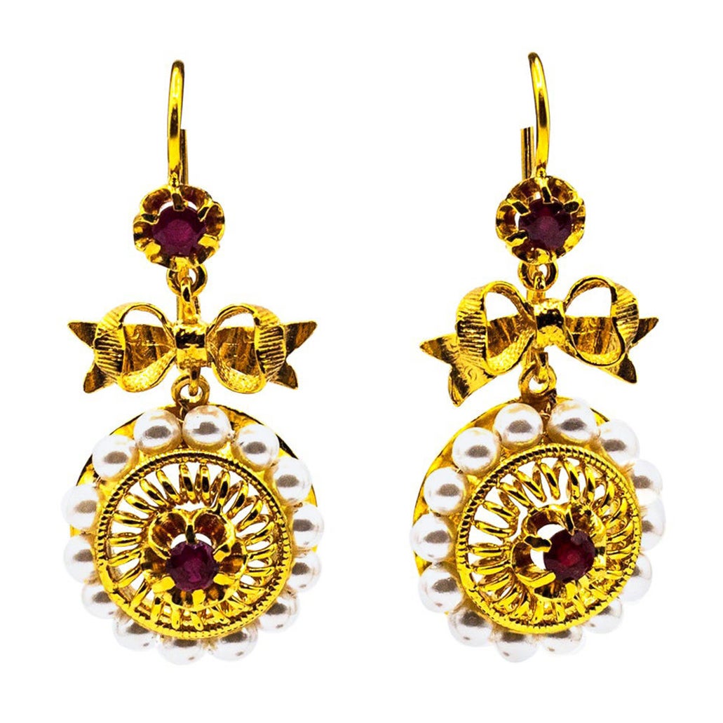 Art Deco Style Micro Pearls 0.70 Carat Ruby Yellow Gold Drop Stud Earrings