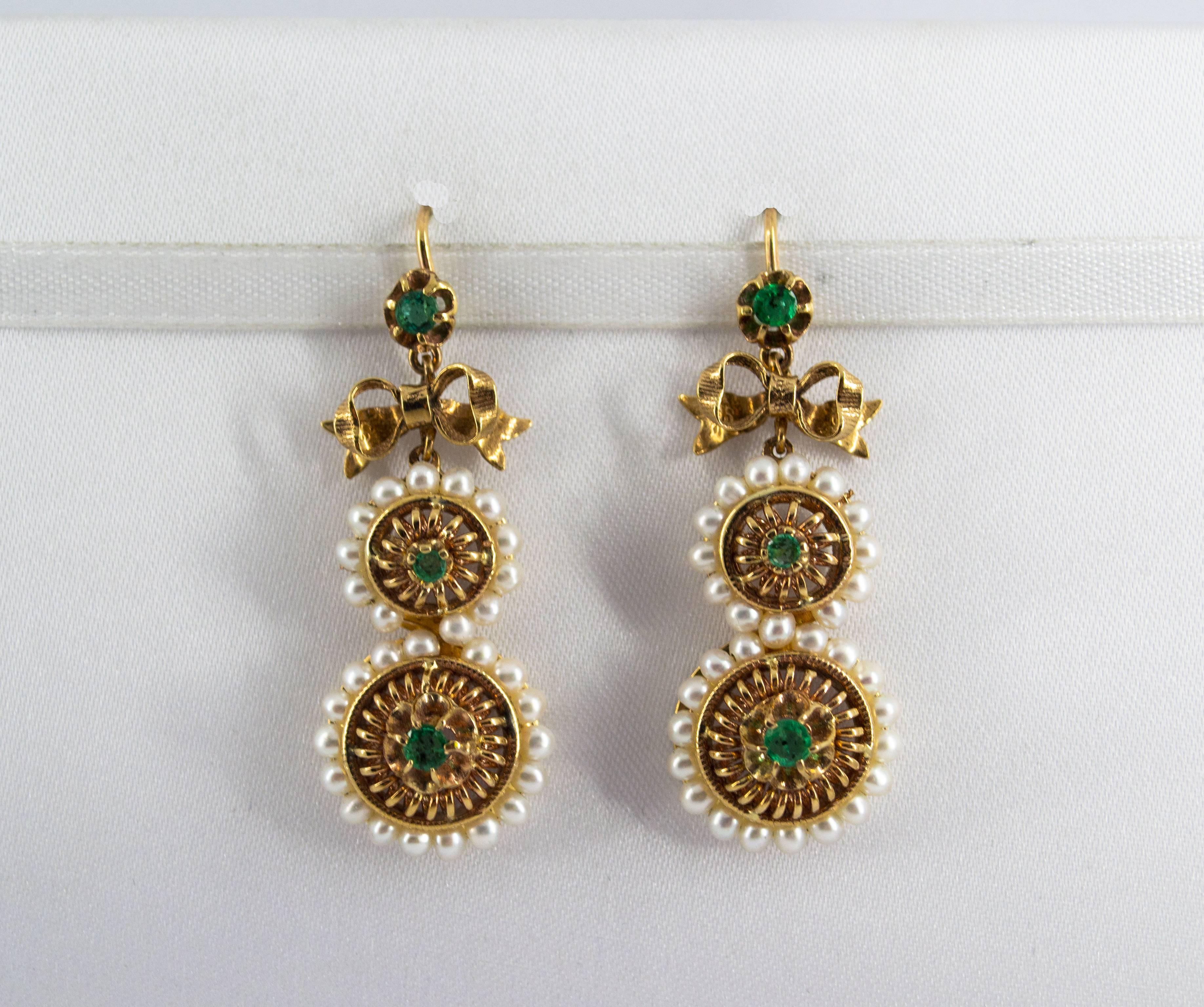 Brilliant Cut Art Deco Style Micro Pearls 1.00 Carat Emerald Yellow Gold Drop Stud Earrings For Sale