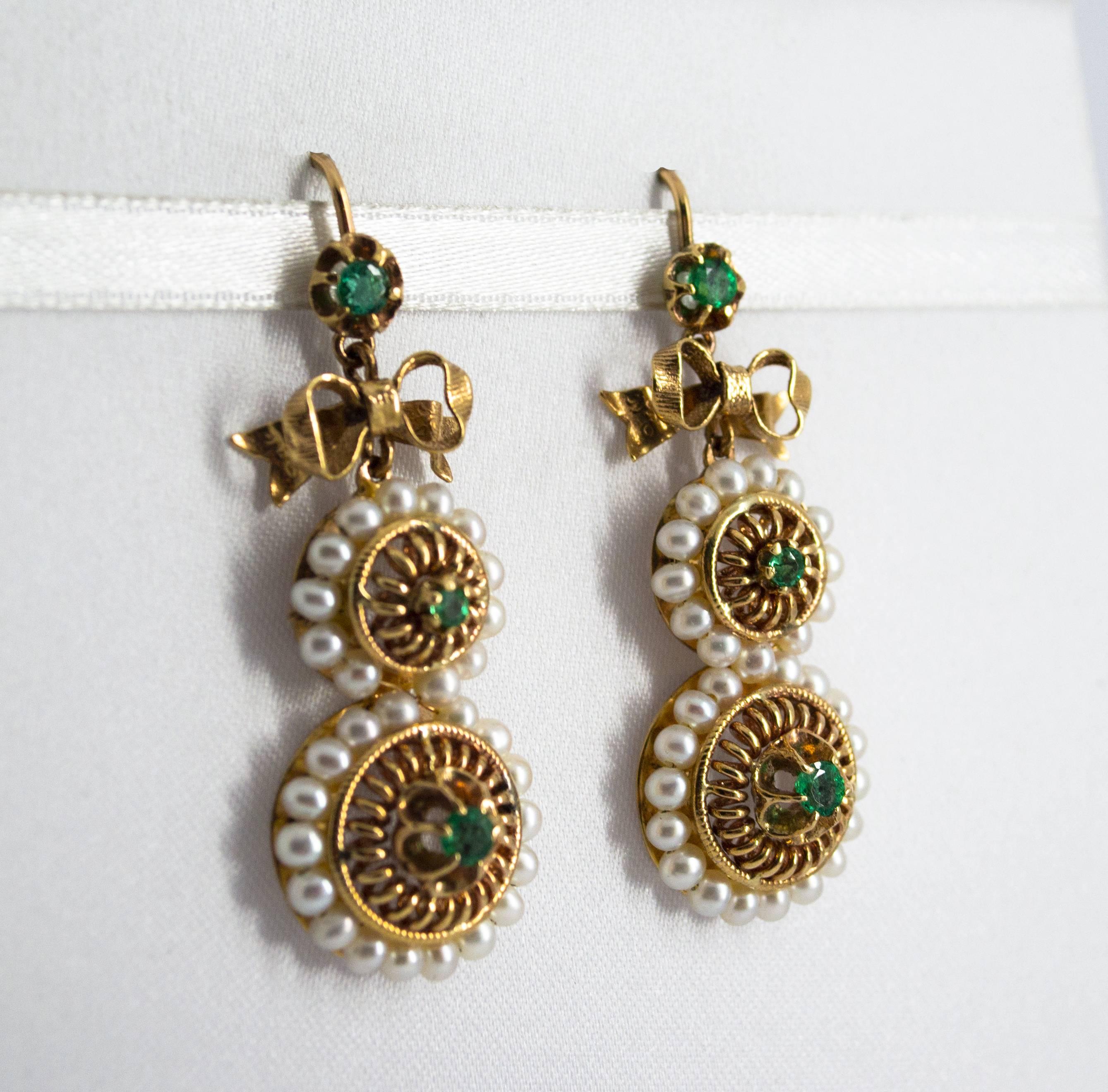 Women's or Men's Art Deco Style Micro Pearls 1.00 Carat Emerald Yellow Gold Drop Stud Earrings For Sale