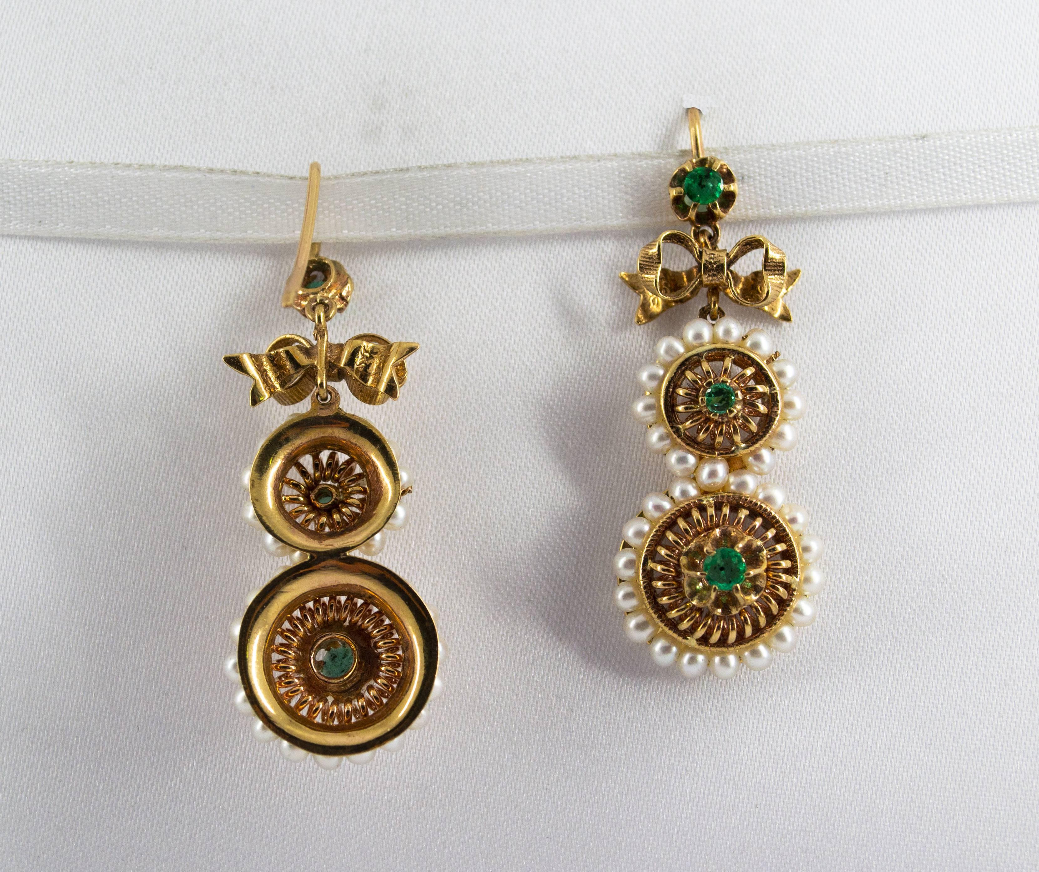 Art Deco Style Micro Pearls 1.00 Carat Emerald Yellow Gold Drop Stud Earrings For Sale 1