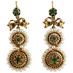 Art Deco Style Micro Pearls 1.00 Carat Emerald Yellow Gold Drop Stud Earrings