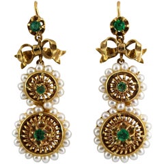 Retro Art Deco Style Micro Pearls 1.00 Carat Emerald Yellow Gold Drop Stud Earrings