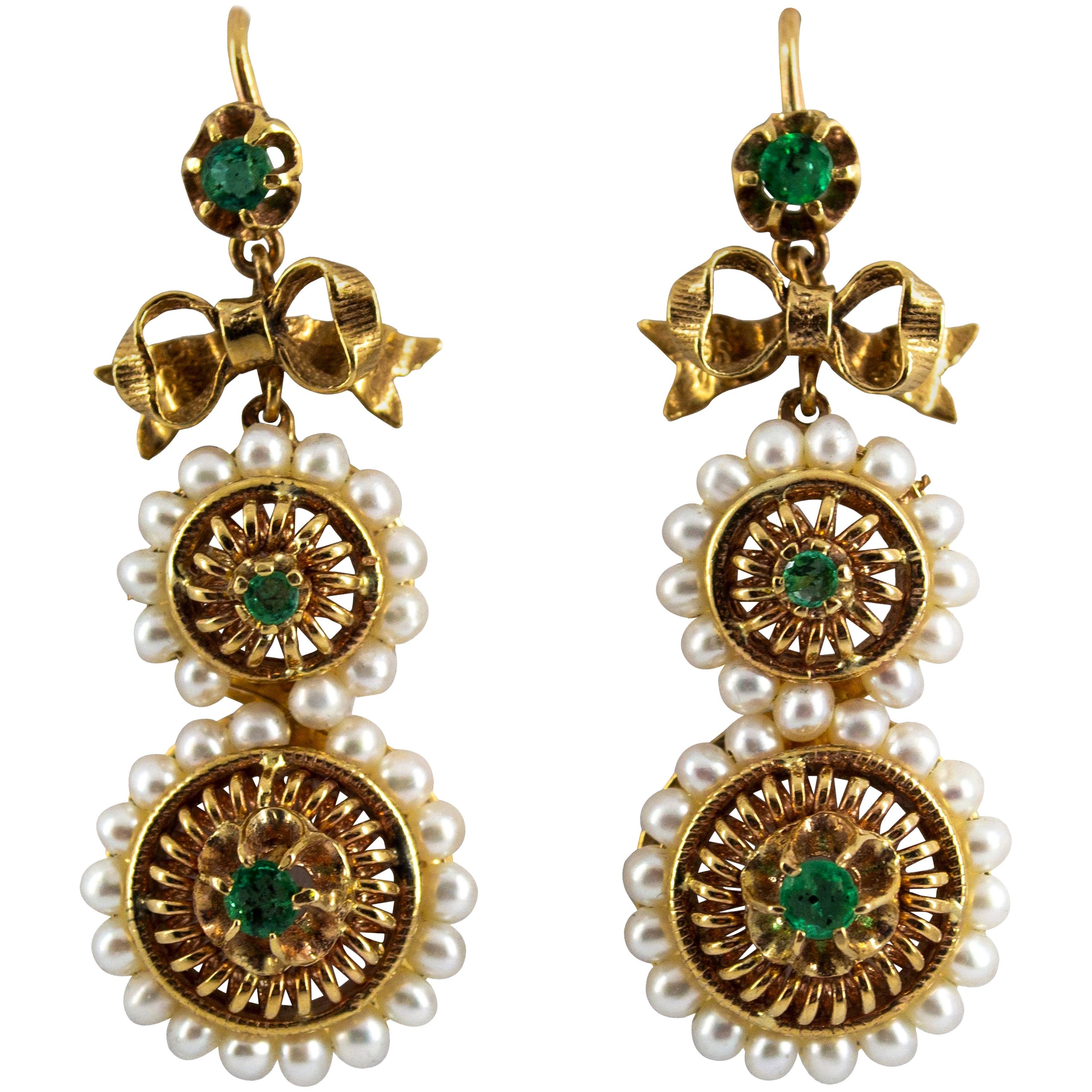 Art Deco Style Micro Pearls 1.00 Carat Emerald Yellow Gold Drop Stud Earrings For Sale