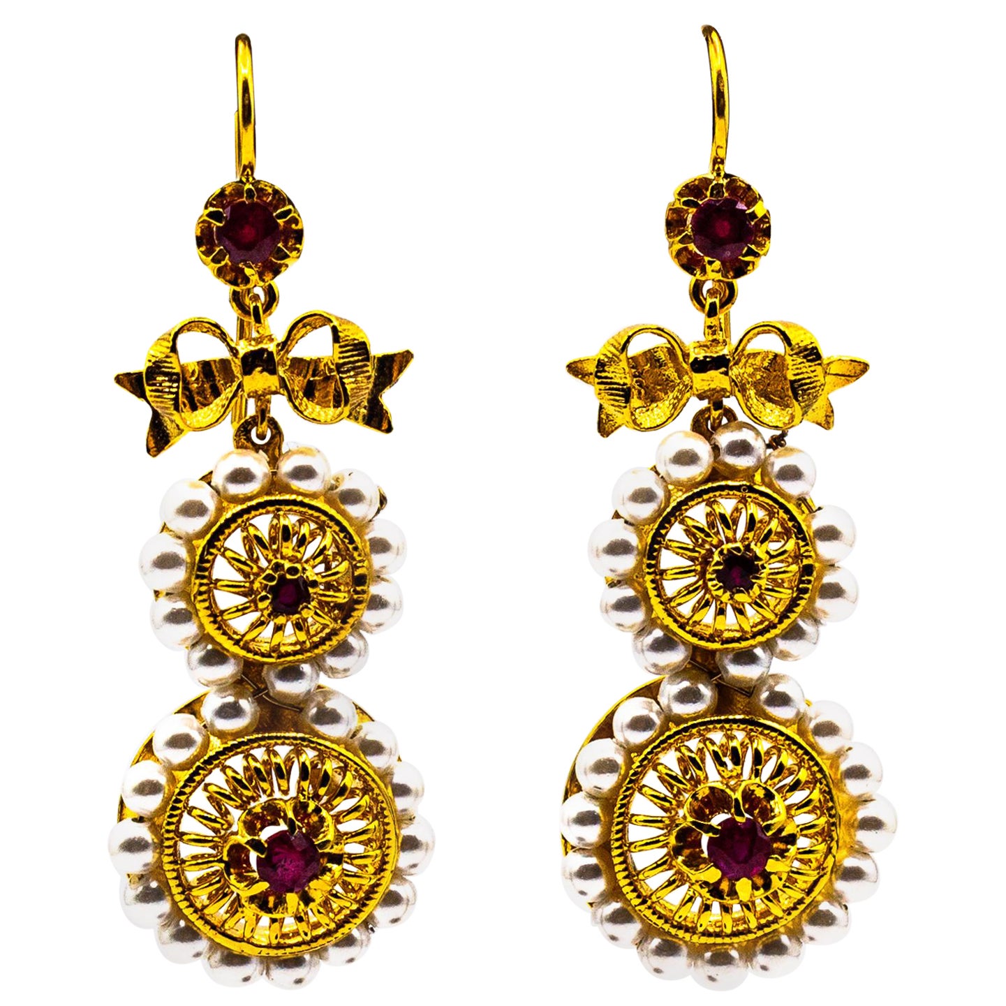 Art Deco Style Micro Pearls 1.00 Carat Ruby Yellow Gold Drop Stud Earrings For Sale