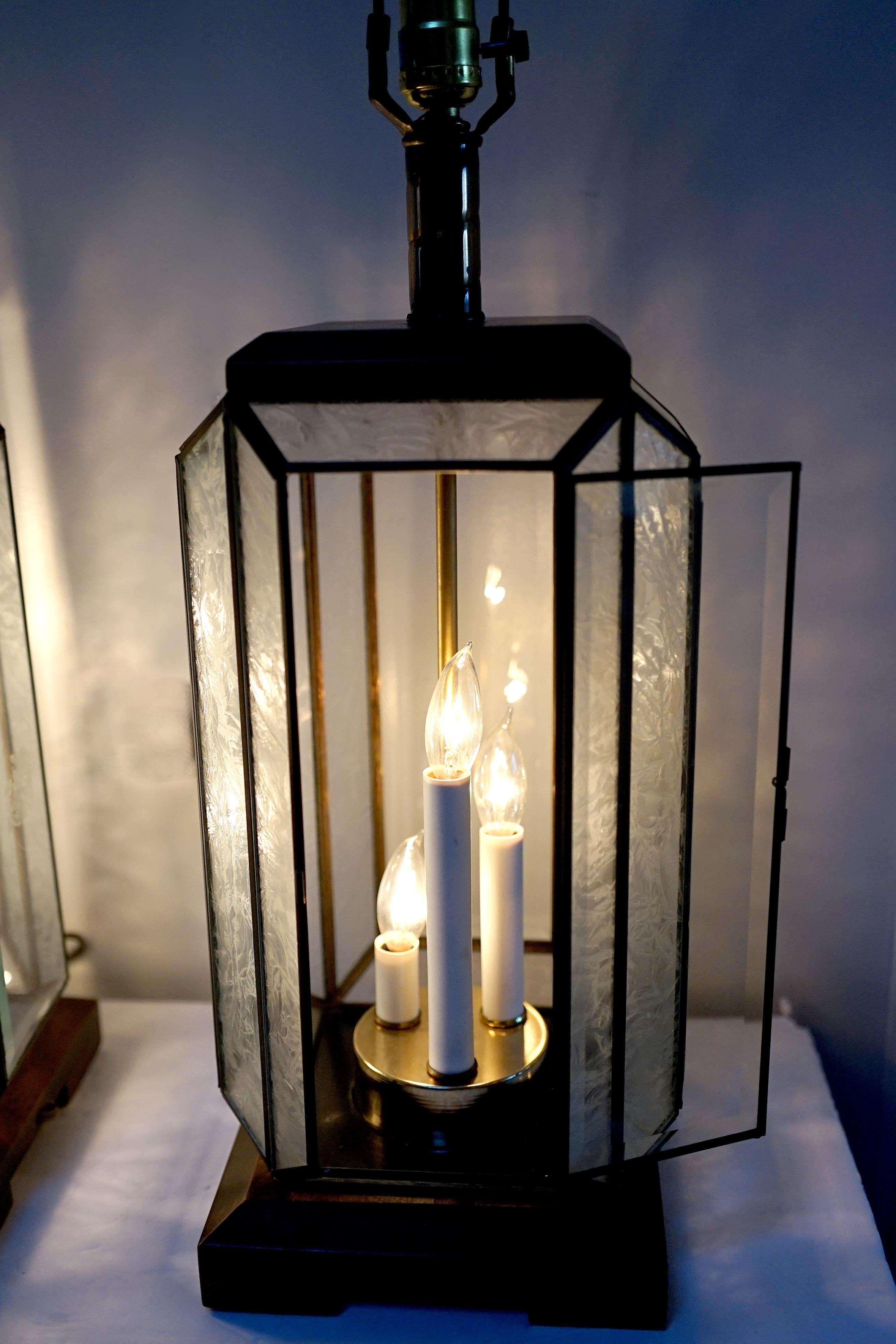 Art Deco Style Mid Century Etched Glass Lead Table Lantern Lamp For Sale 4