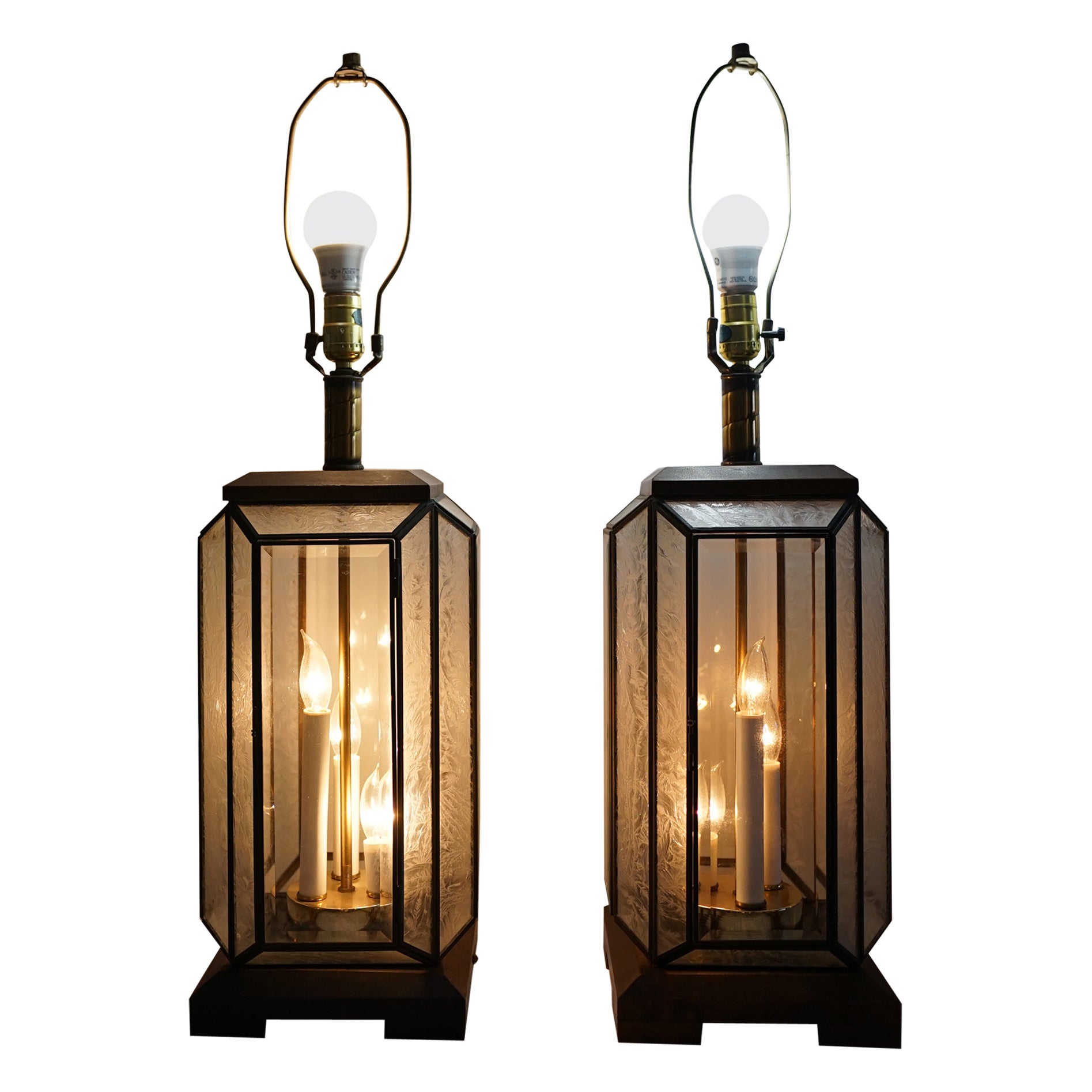 Art Deco Style Mid Century Etched Glass Lead Table Lantern Lamp
