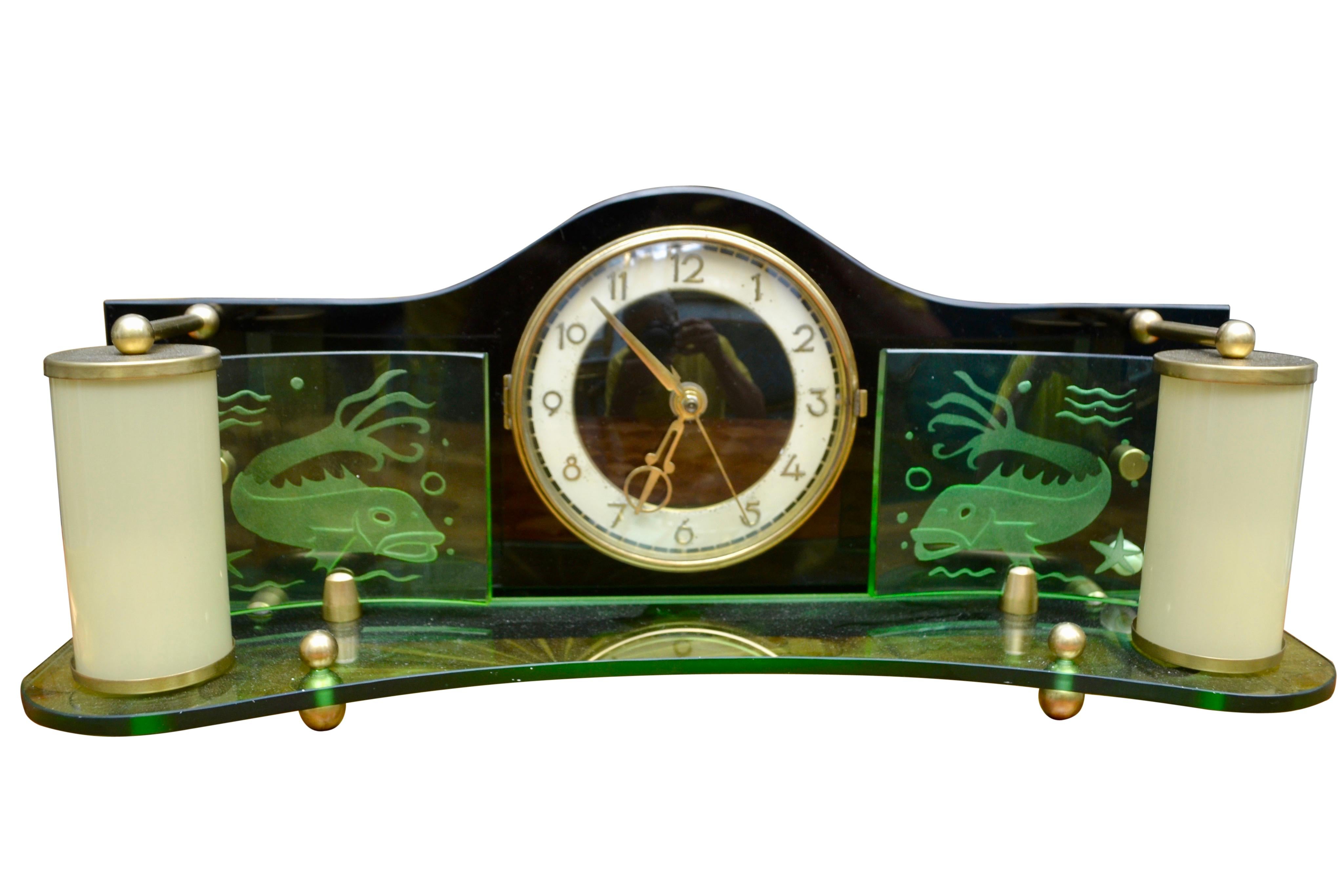 Etched Art Deco Style Mid-Century Jacob Palmtag Desk Clock For Sale