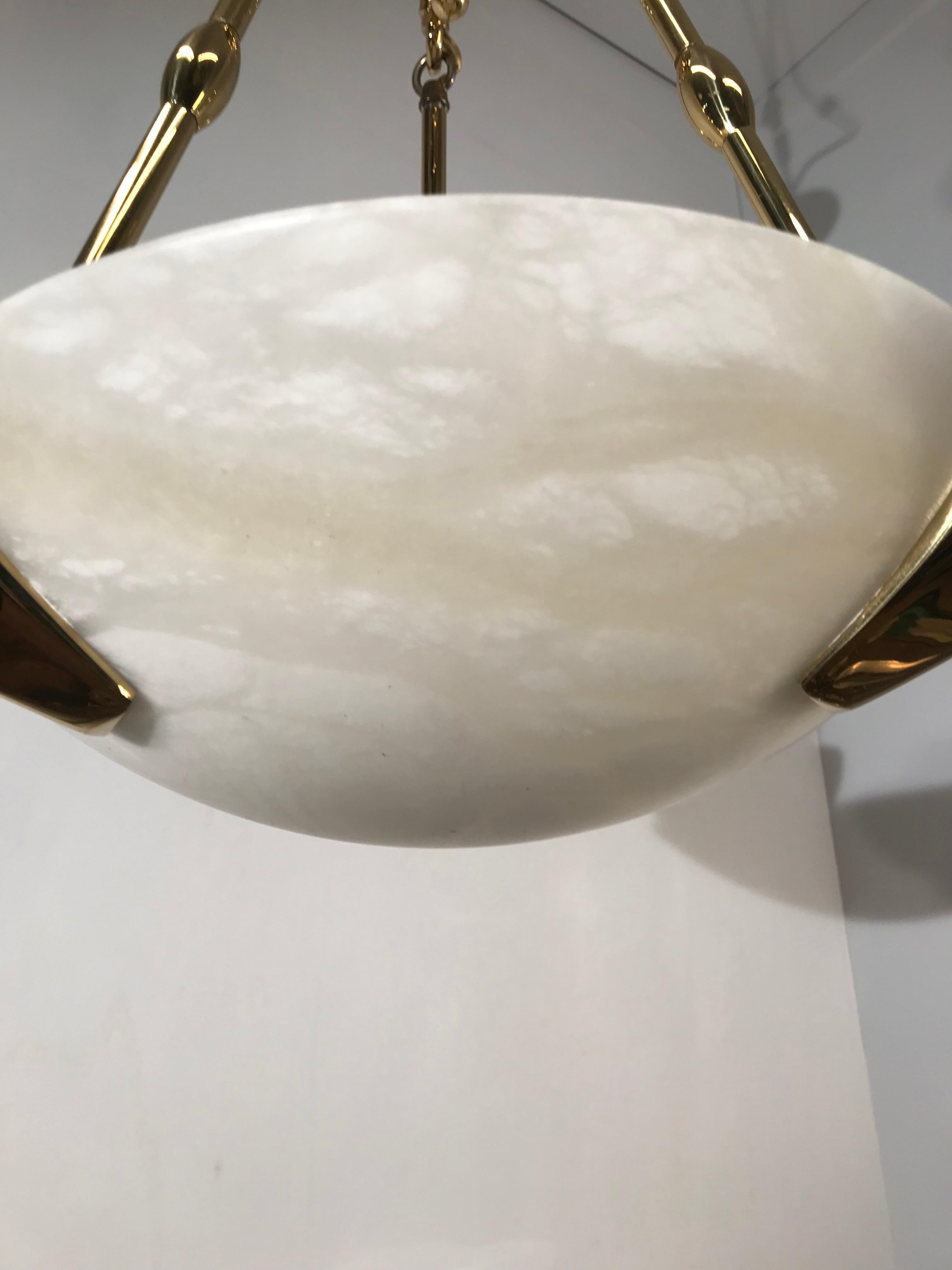 MidCentury Modern Art Deco Style Pure White Alabaster, Coated Gold Pendant Light 6