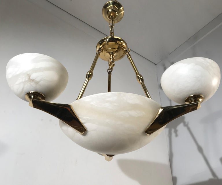 Vintage Art Deco Style Pure White Alabaster, Coated Gold Bronze Pendant Light For Sale 8