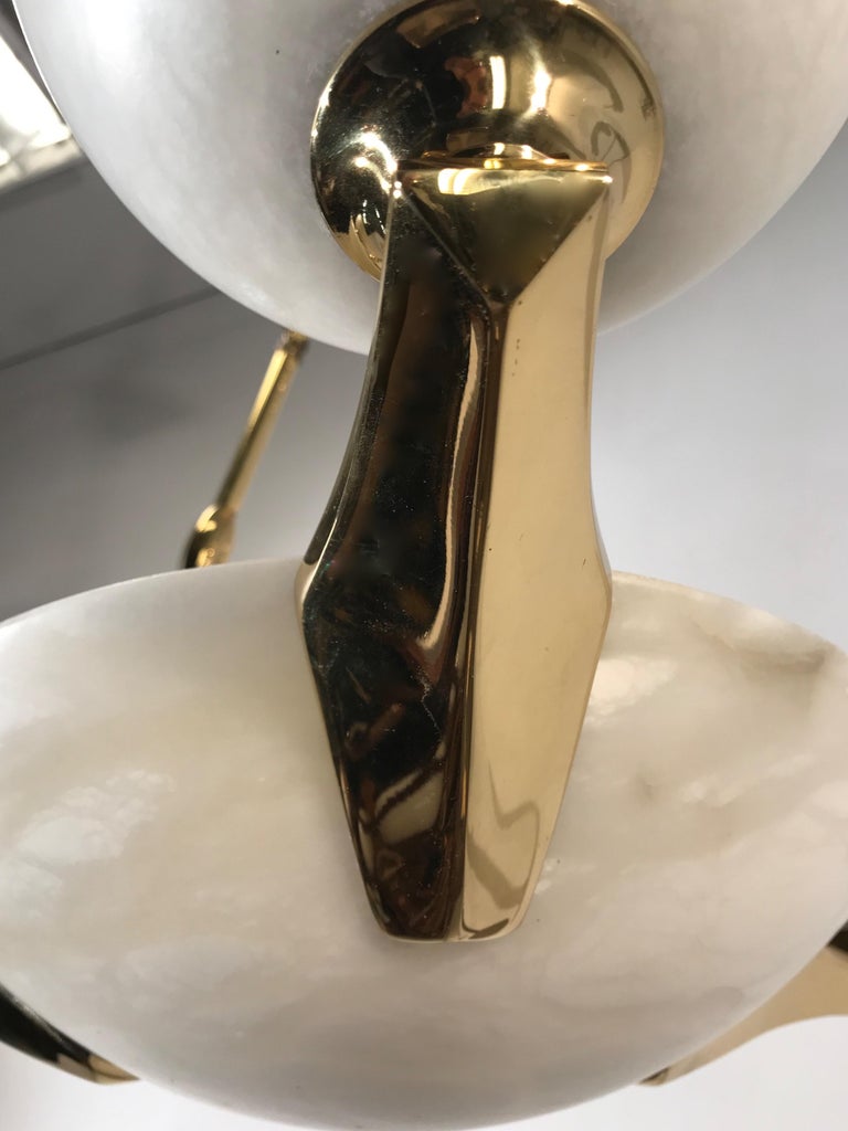 European Vintage Art Deco Style Pure White Alabaster, Coated Gold Bronze Pendant Light For Sale
