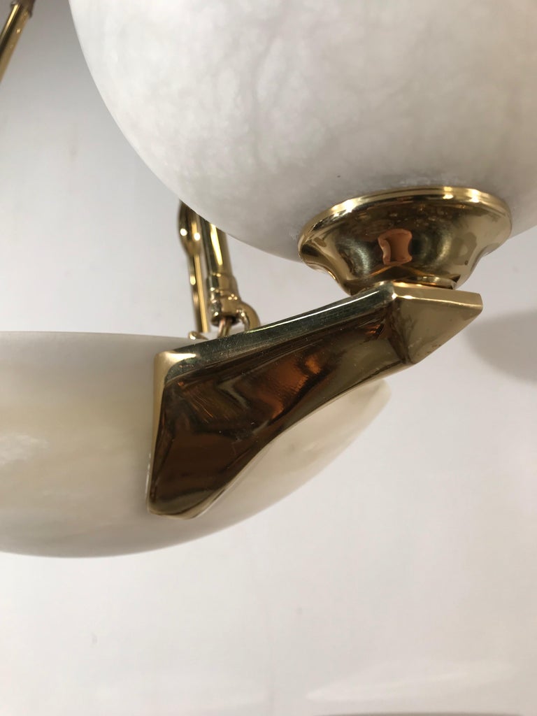 Hand-Crafted Vintage Art Deco Style Pure White Alabaster, Coated Gold Bronze Pendant Light For Sale