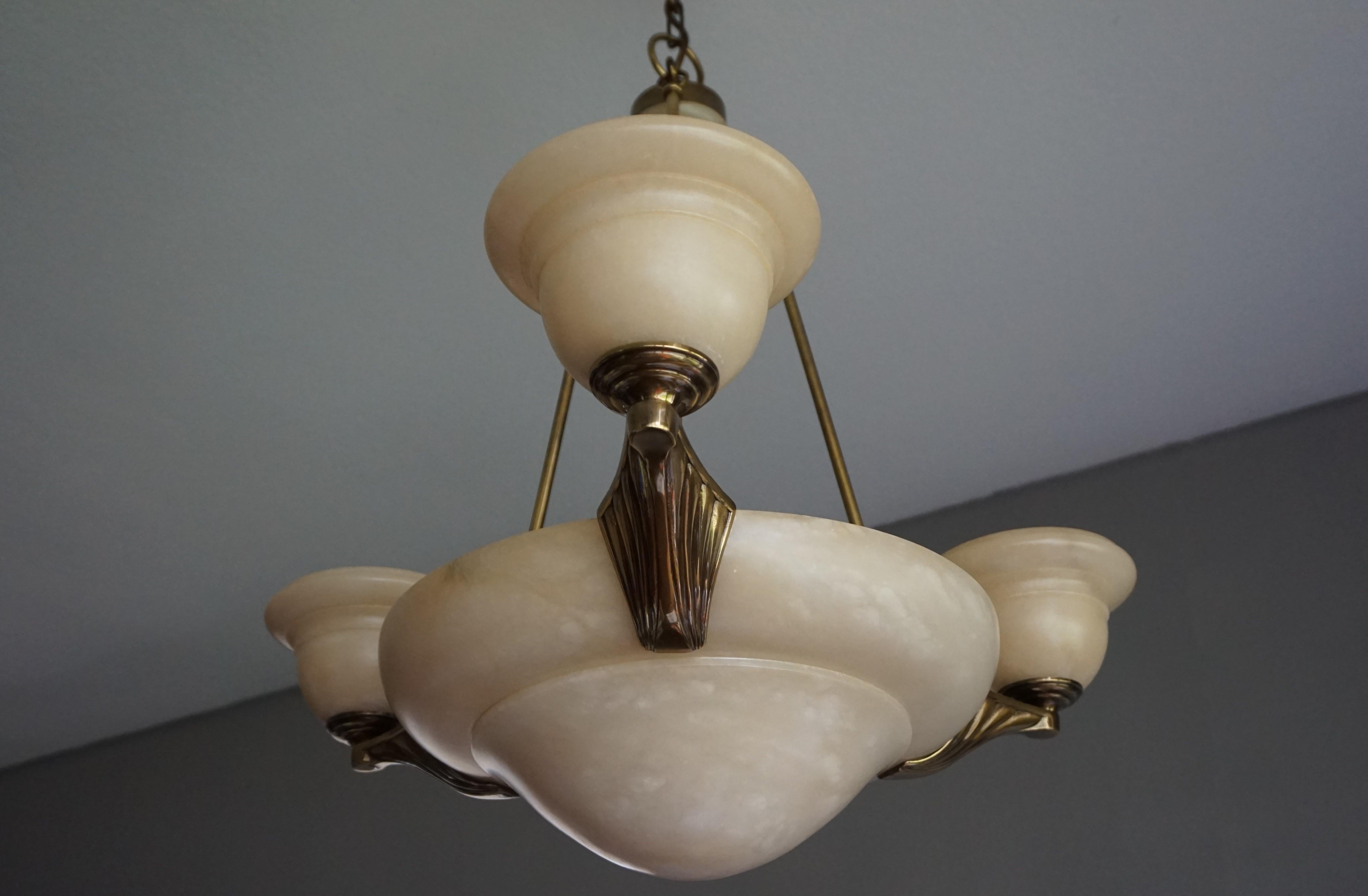 Arts & Crafts Style Alabaster and Golden Coated Bronze and Brass Pendant Light 12