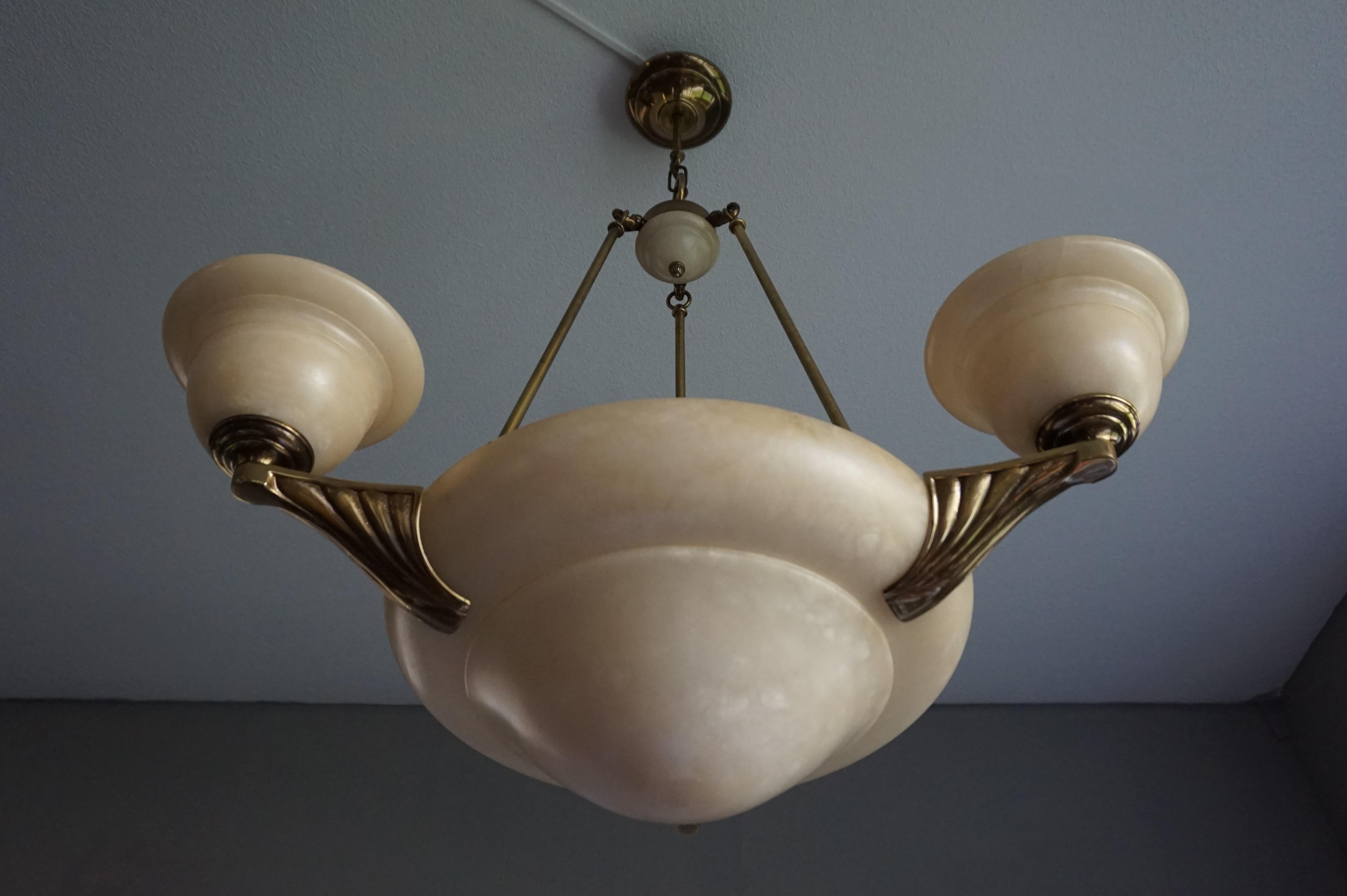 Hand-Crafted Arts & Crafts Style Alabaster and Golden Coated Bronze and Brass Pendant Light