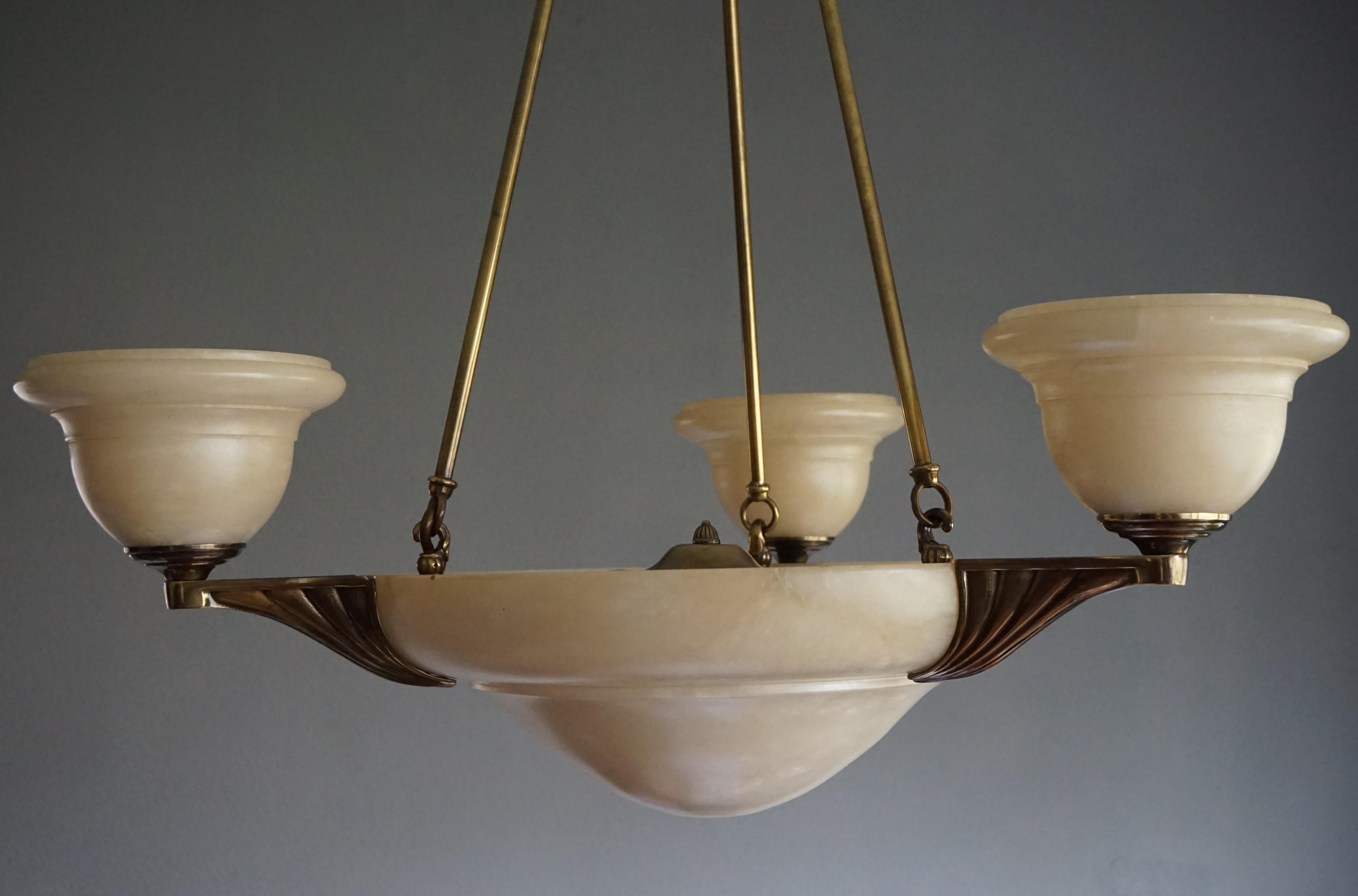 Arts & Crafts Style Alabaster and Golden Coated Bronze and Brass Pendant Light 1
