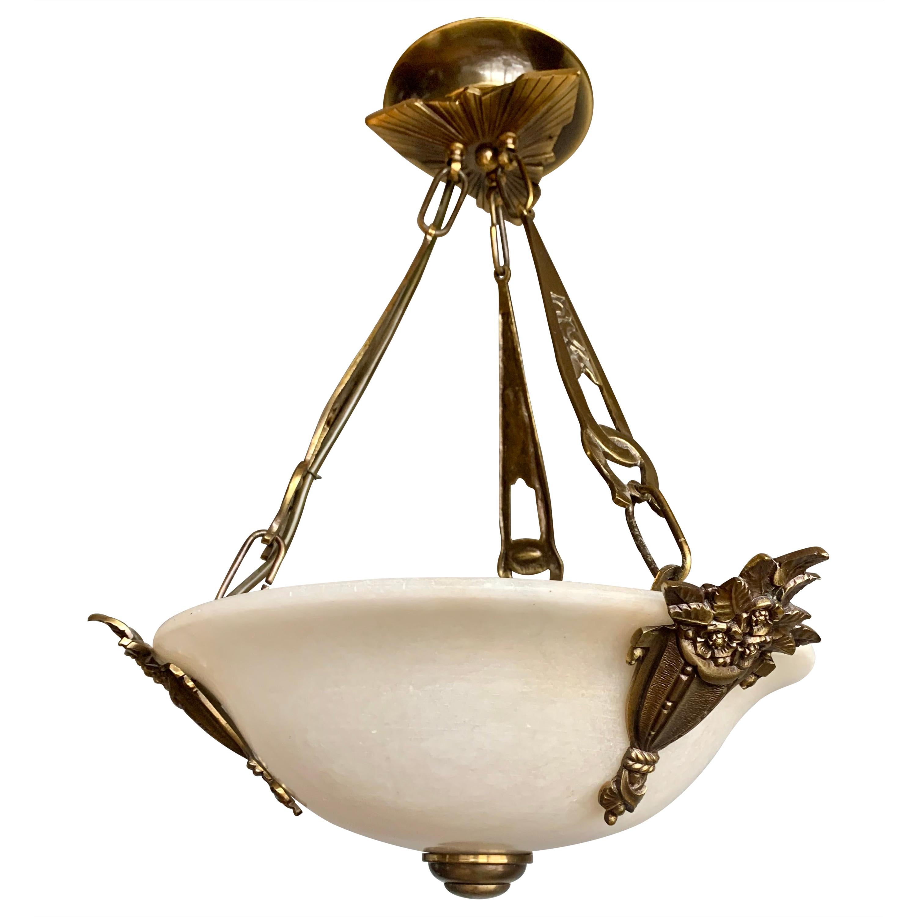Art Deco Style Midcentury Made White Alabaster & Bronze and Brass Pendant Light