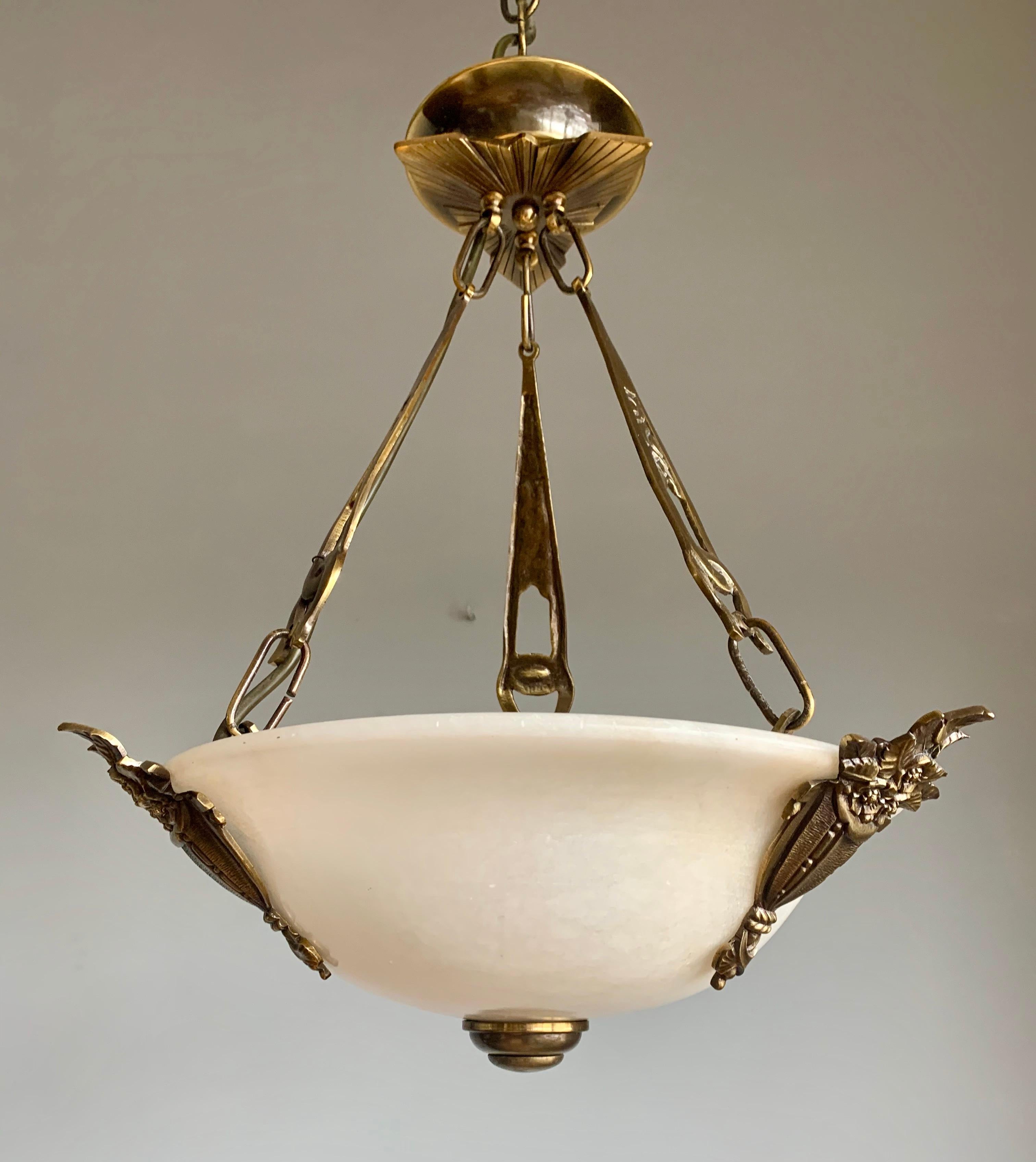 Art Deco Style Midcentury Made White Alabaster & Bronze and Brass Pendant Light 7
