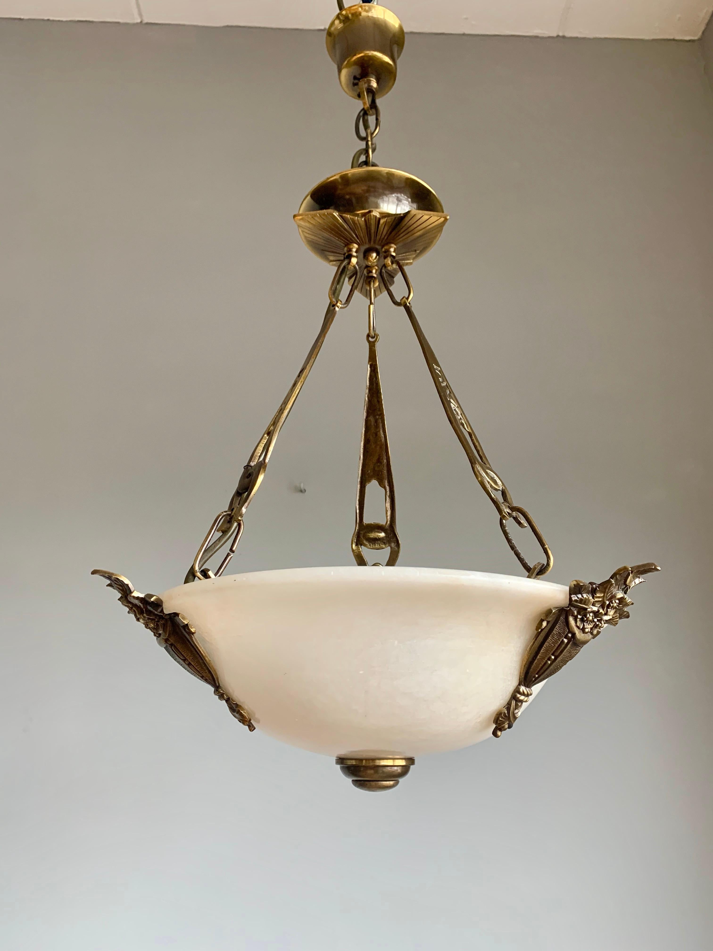 Hand-Carved Art Deco Style Midcentury Made White Alabaster & Bronze and Brass Pendant Light