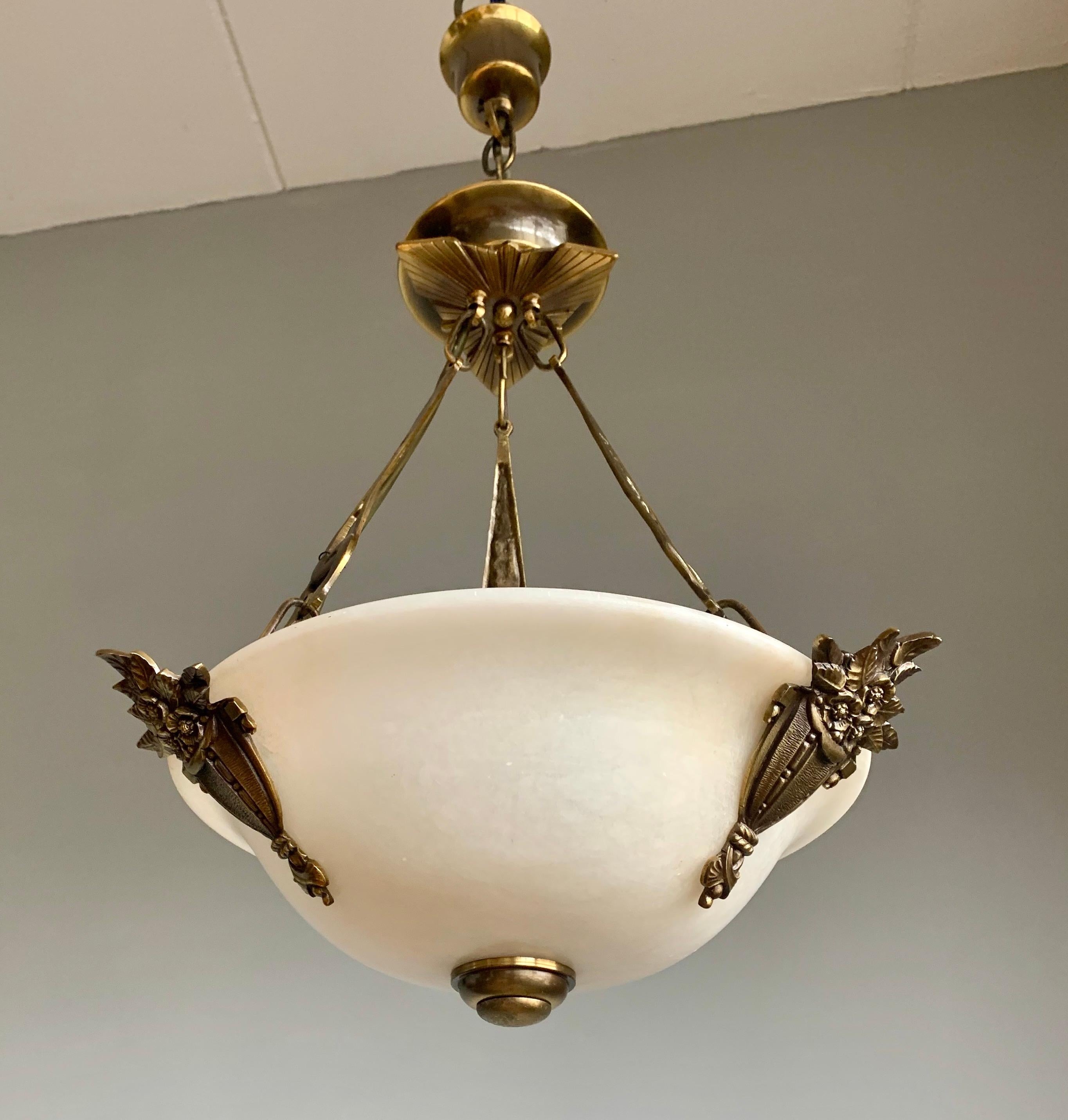 Art Deco Style Midcentury Made White Alabaster & Bronze and Brass Pendant Light 1