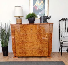 Art Deco Style Midcentury Regency Italian Walnut Burl & Brass Chest of Drawers