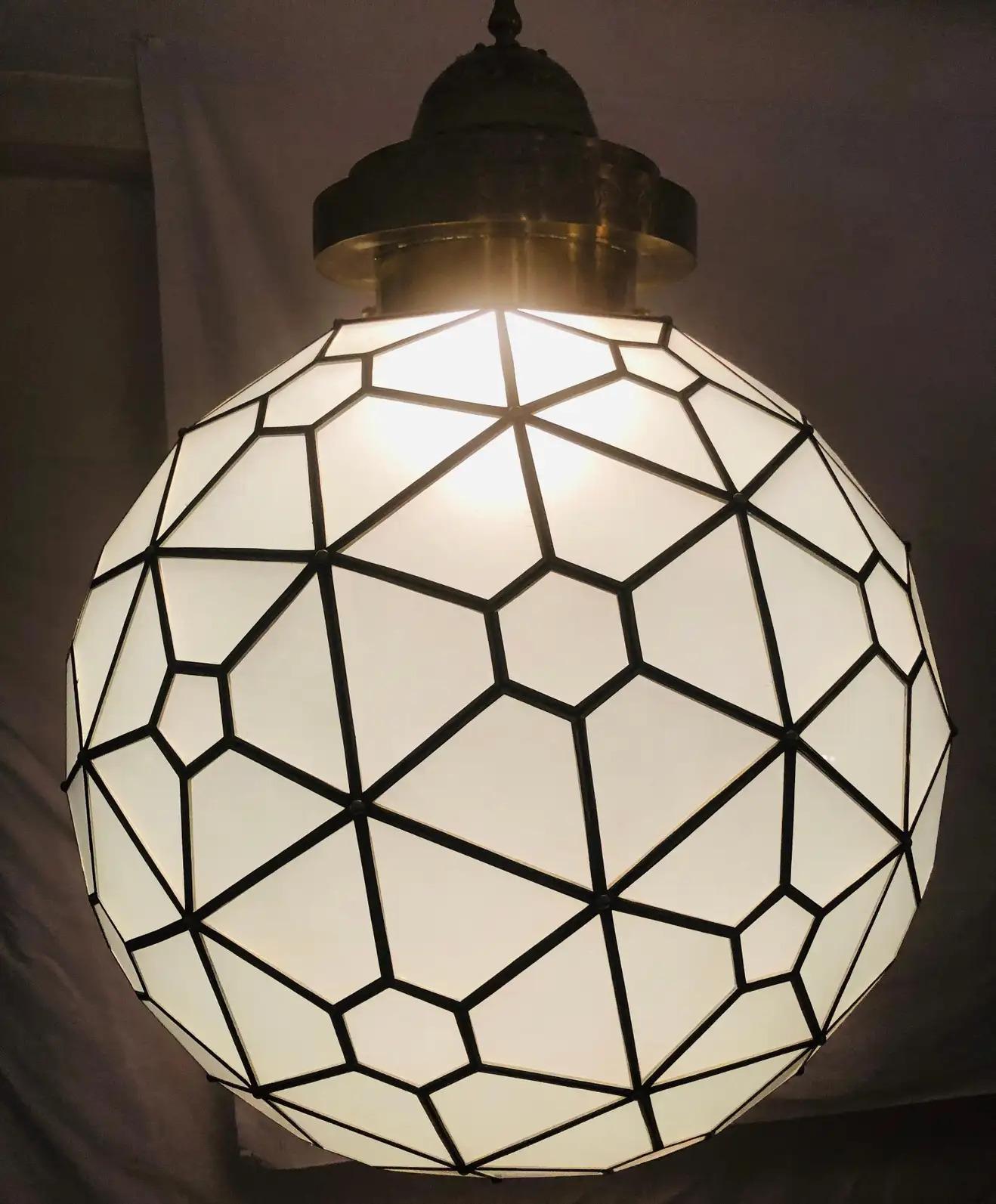 Art Deco Style Milk Glass and Brass Round Chandelier, Pendant or Lantern For Sale 6