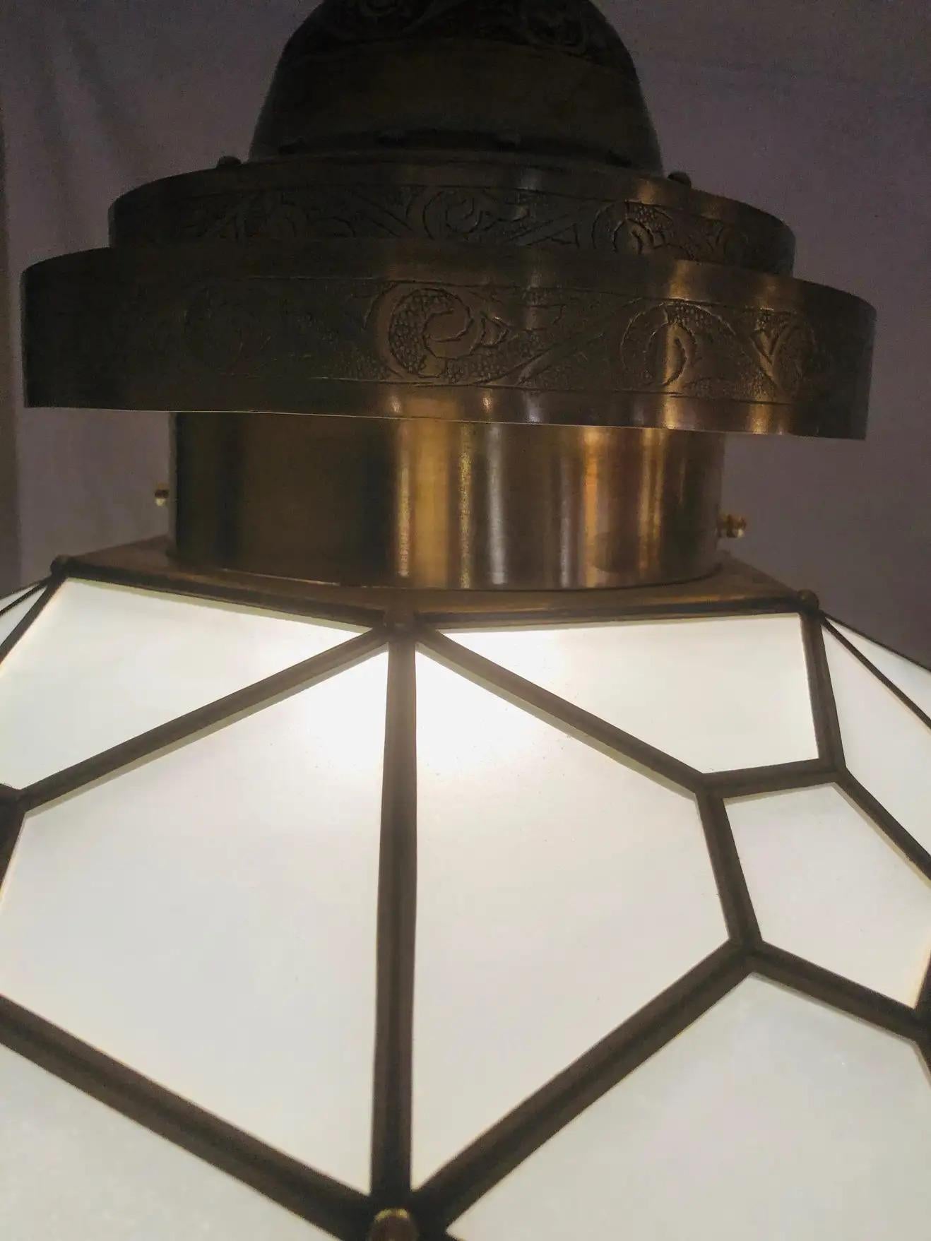 Art Deco Style Milk Glass and Brass Round Chandelier, Pendant or Lantern For Sale 11