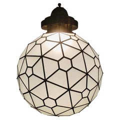 Art Deco Style Milk Glass and Brass Round Chandelier, Pendant or Lantern