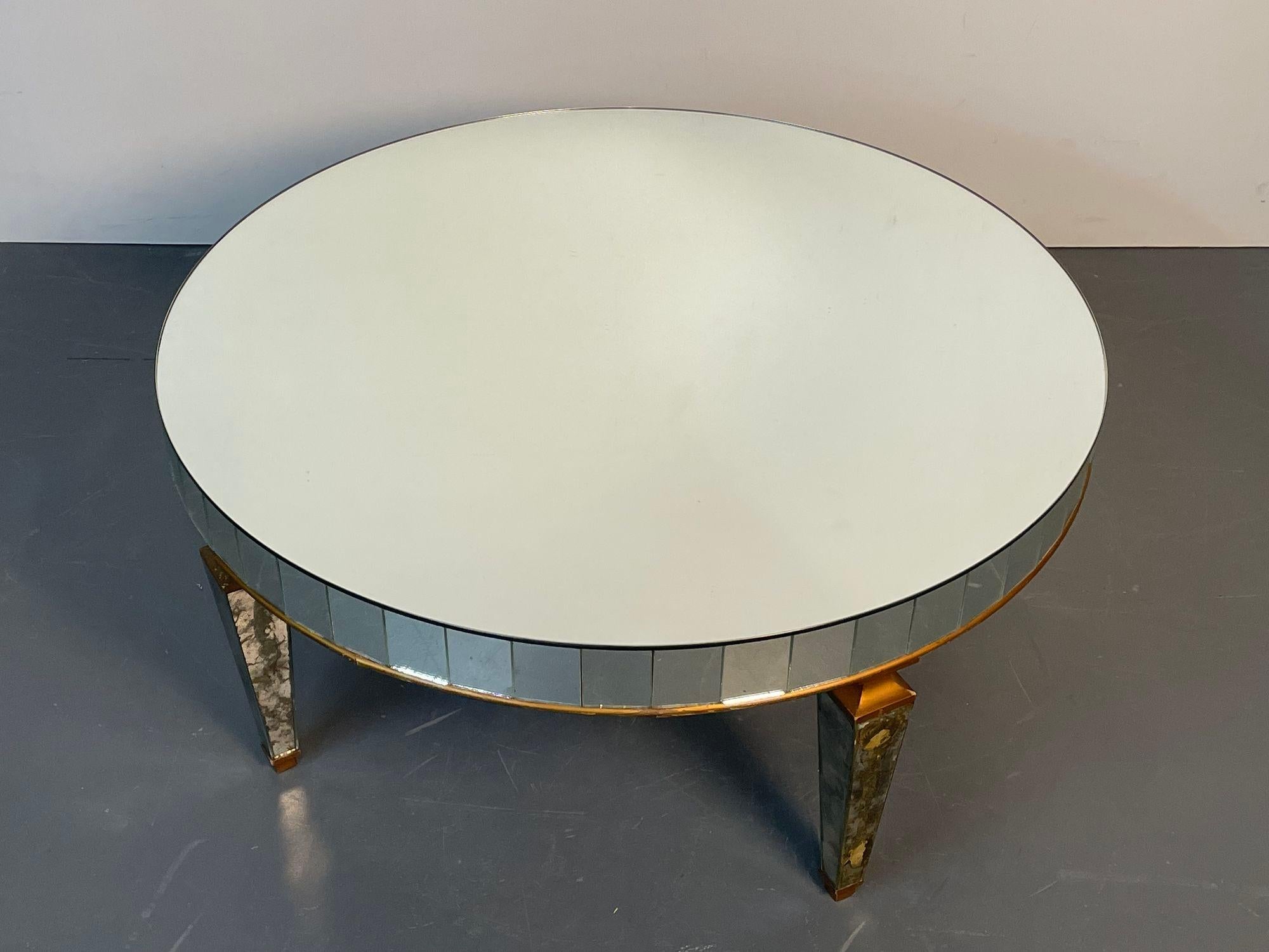 Mid-Century Modern Art Deco Style Mirrored Circular Coffee / Cocktail / Low Table, Distressed For Sale