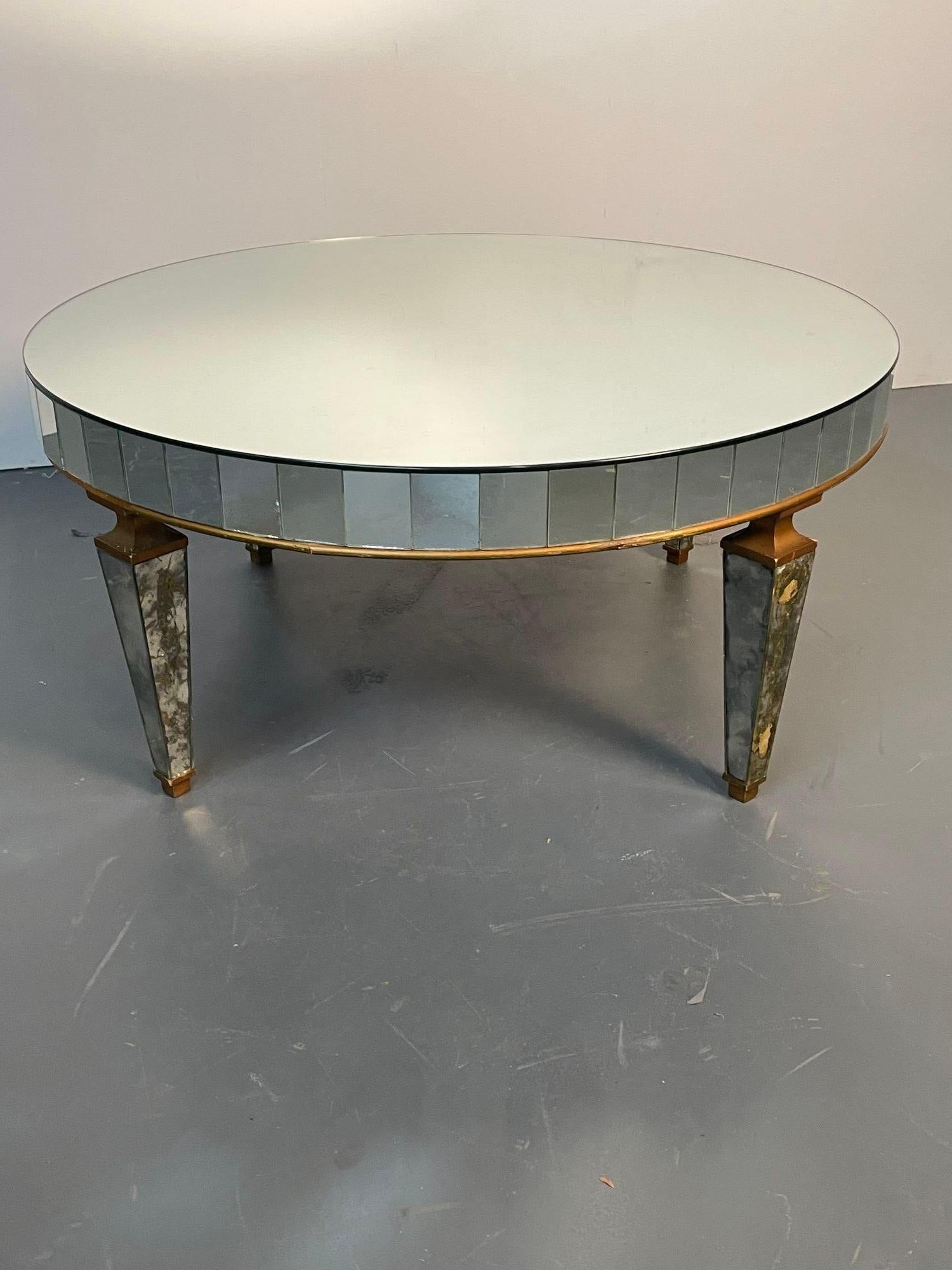 20th Century Art Deco Style Mirrored Circular Coffee / Cocktail / Low Table, Distressed For Sale
