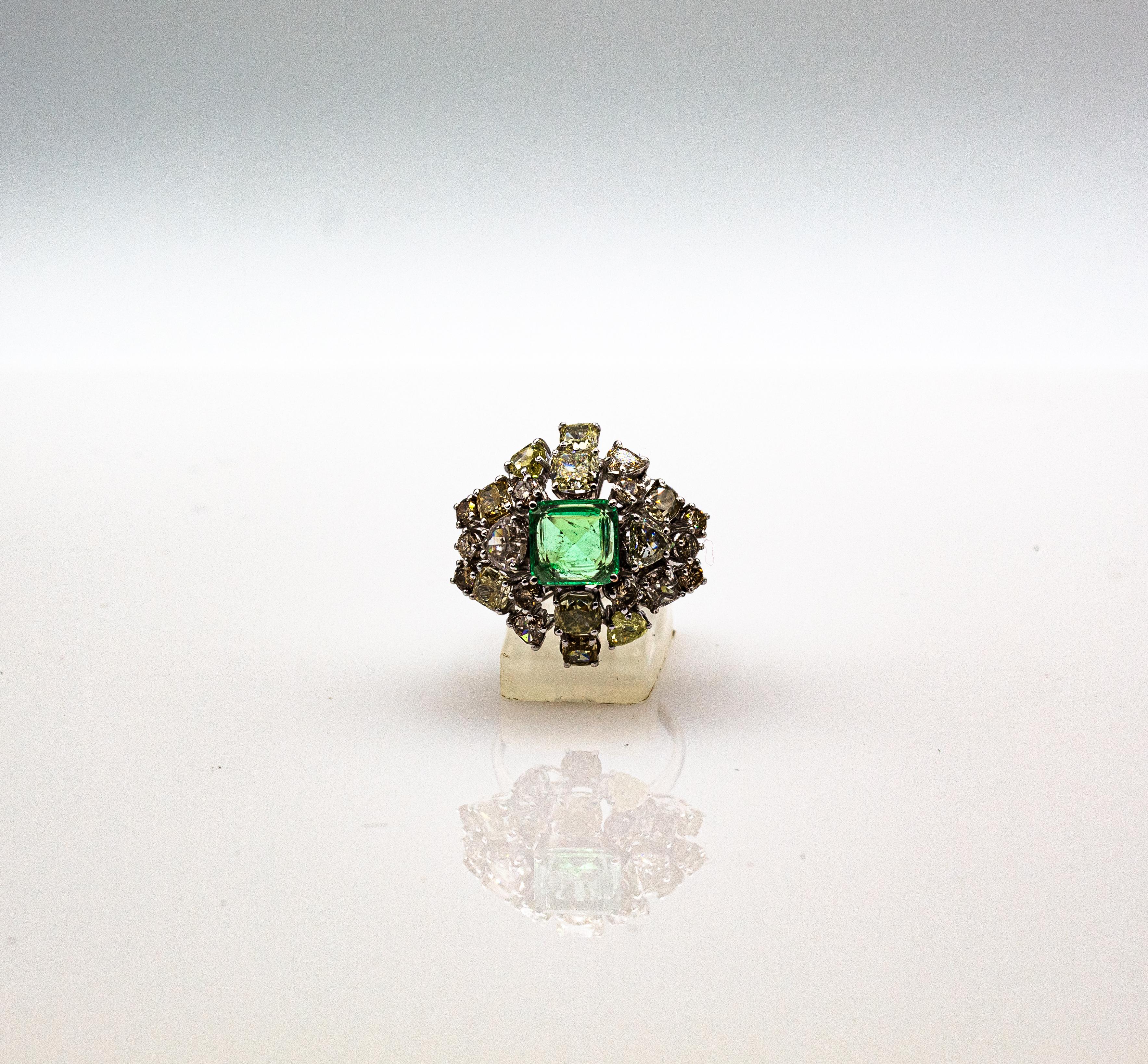 Art Deco Style Mixed Cut Diamond Emerald Cut Emerald White Gold Cocktail Ring For Sale 6