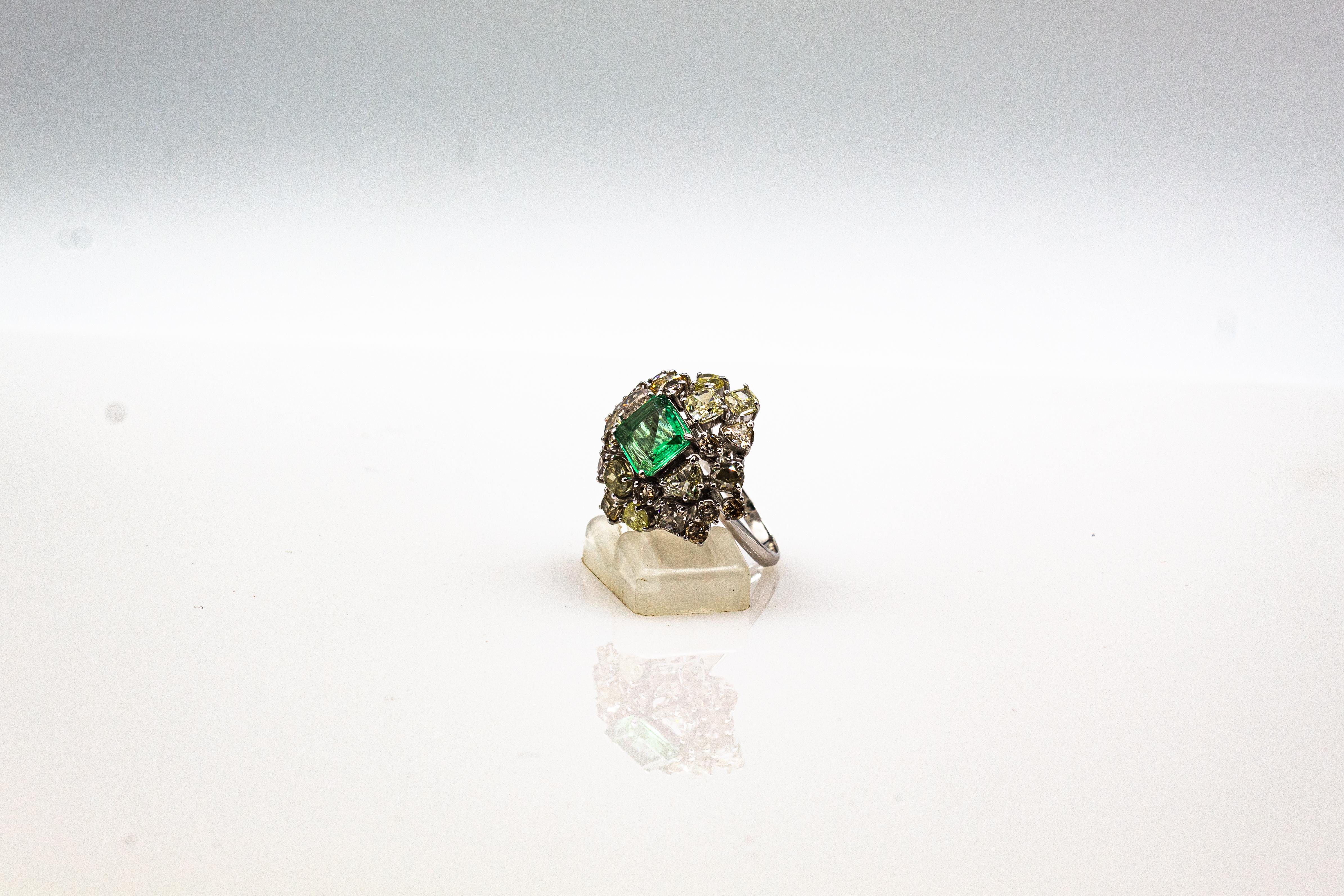 Art Deco Style Mixed Cut Diamond Emerald Cut Emerald White Gold Cocktail Ring For Sale 7
