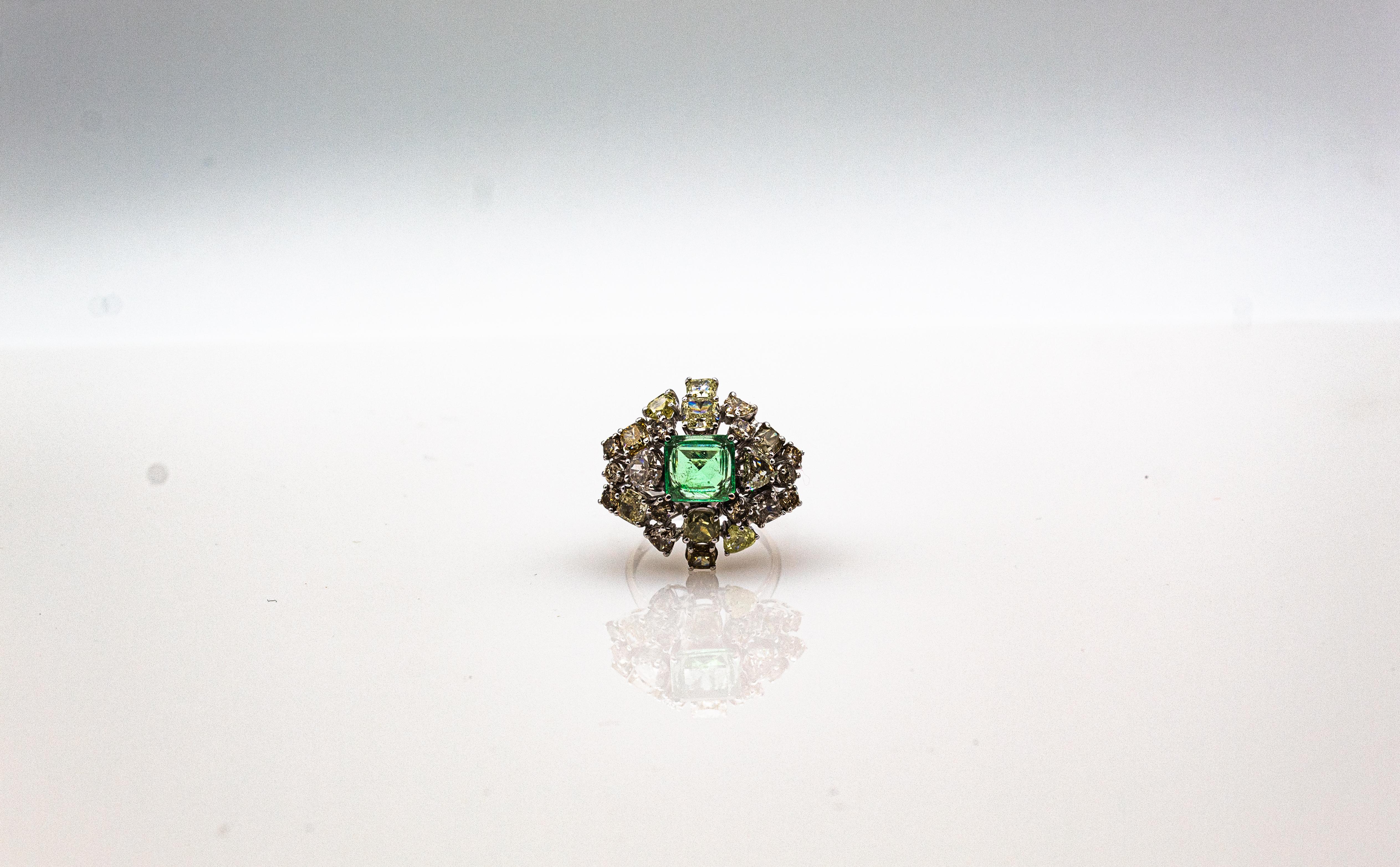 Art Deco Style Mixed Cut Diamond Emerald Cut Emerald White Gold Cocktail Ring For Sale 8