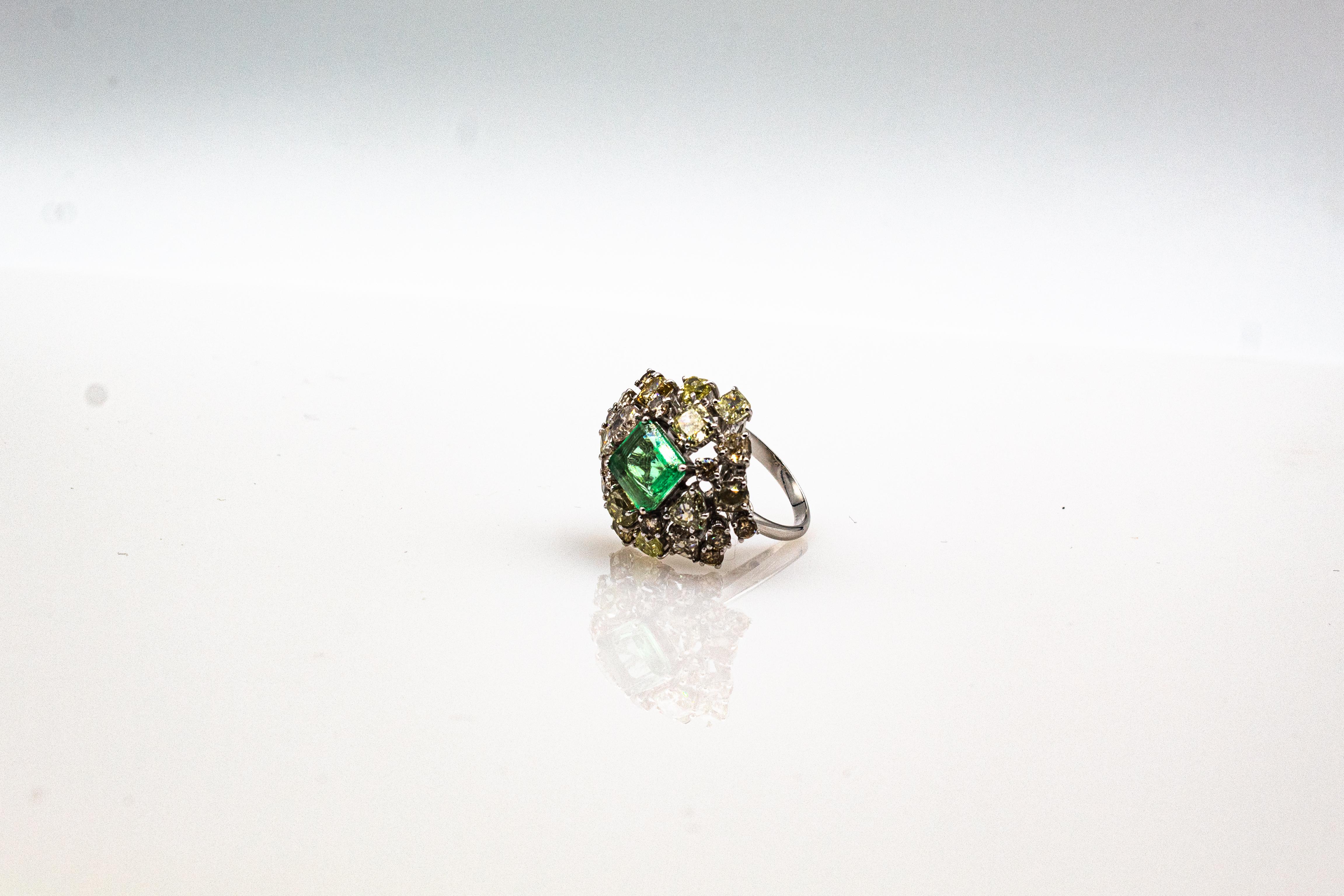 Art Deco Style Mixed Cut Diamond Emerald Cut Emerald White Gold Cocktail Ring For Sale 9