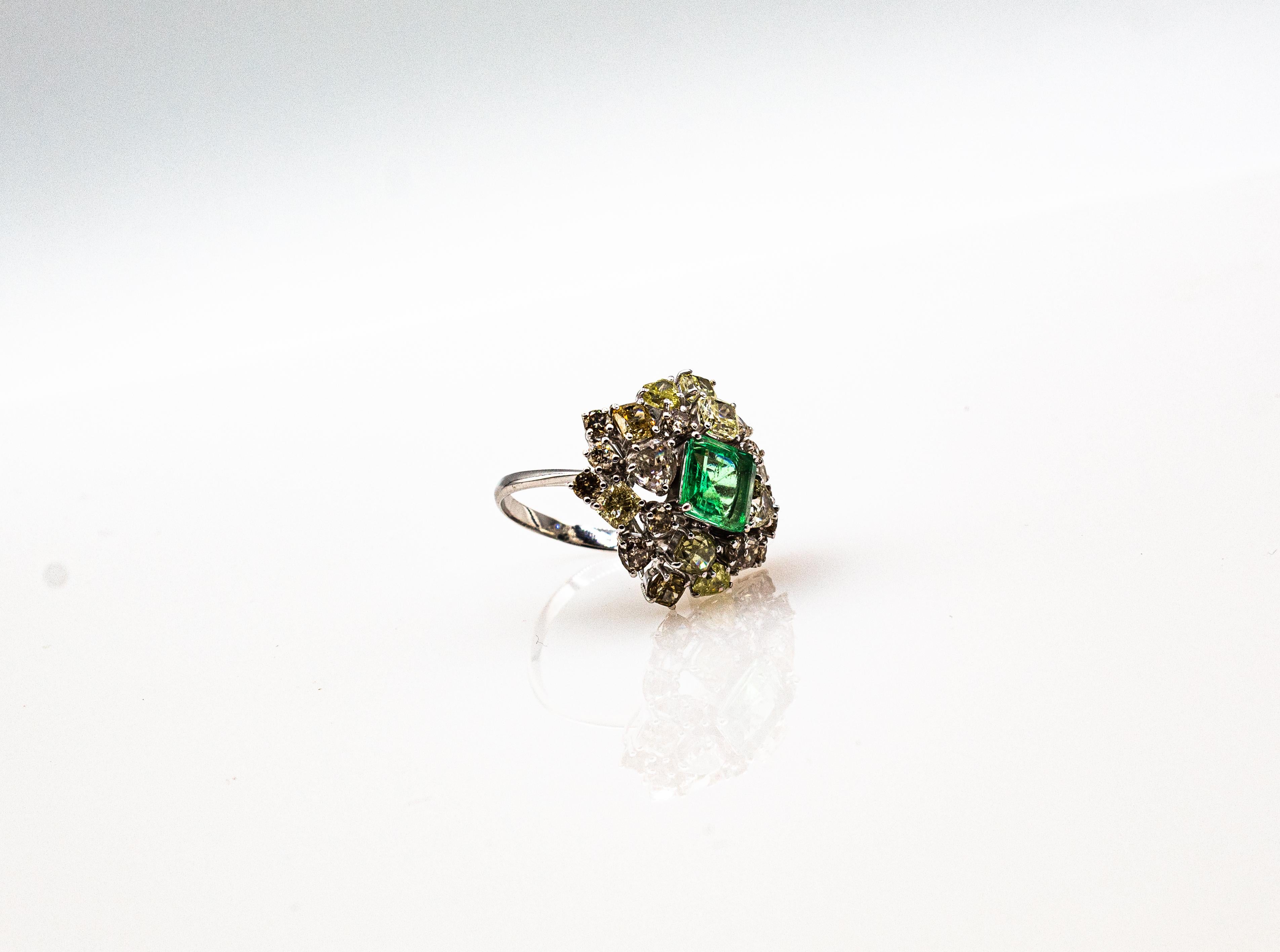 Art Deco Style Mixed Cut Diamond Emerald Cut Emerald White Gold Cocktail Ring For Sale 11