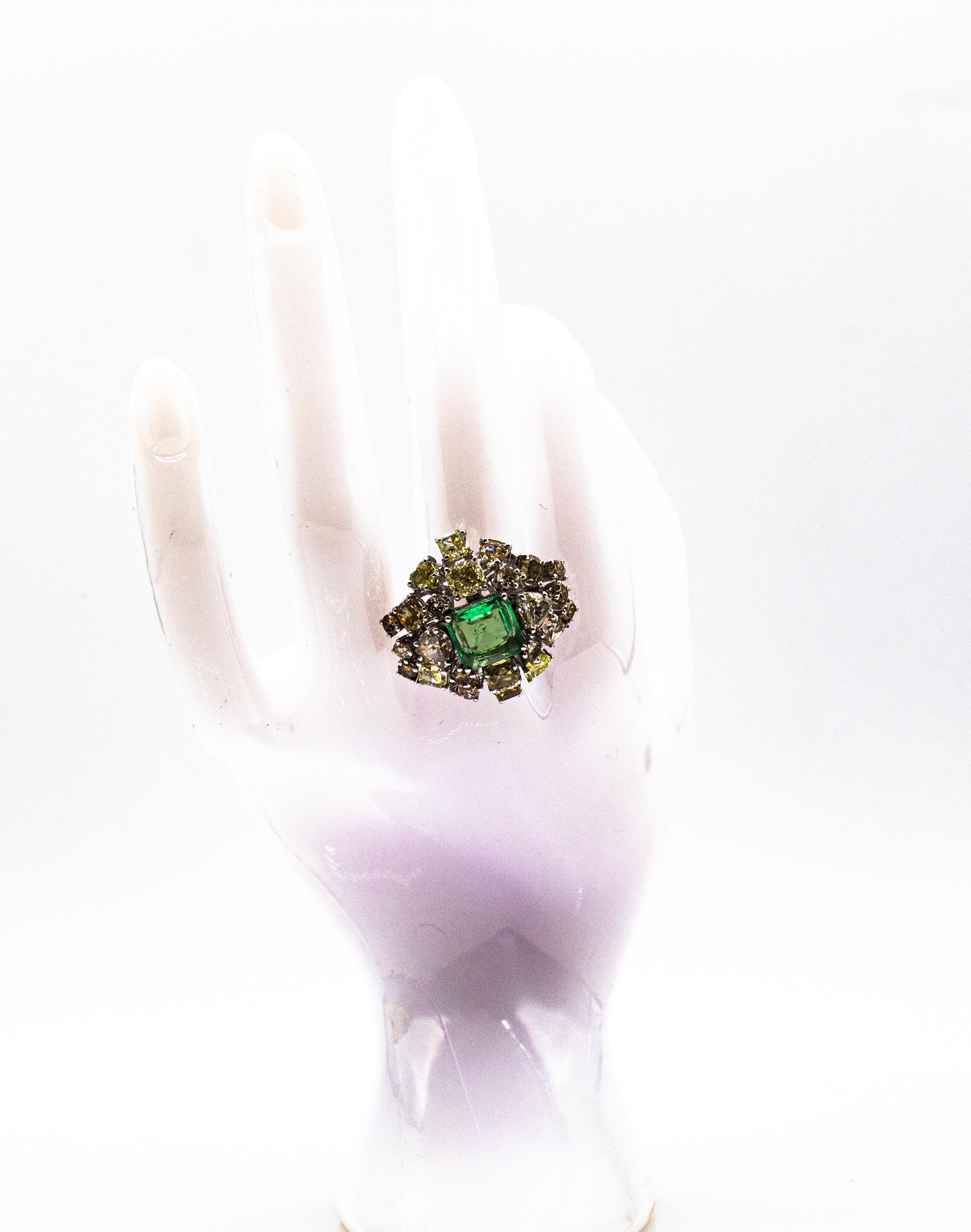 Art Deco Style Mixed Cut Diamond Emerald Cut Emerald White Gold Cocktail Ring For Sale 12