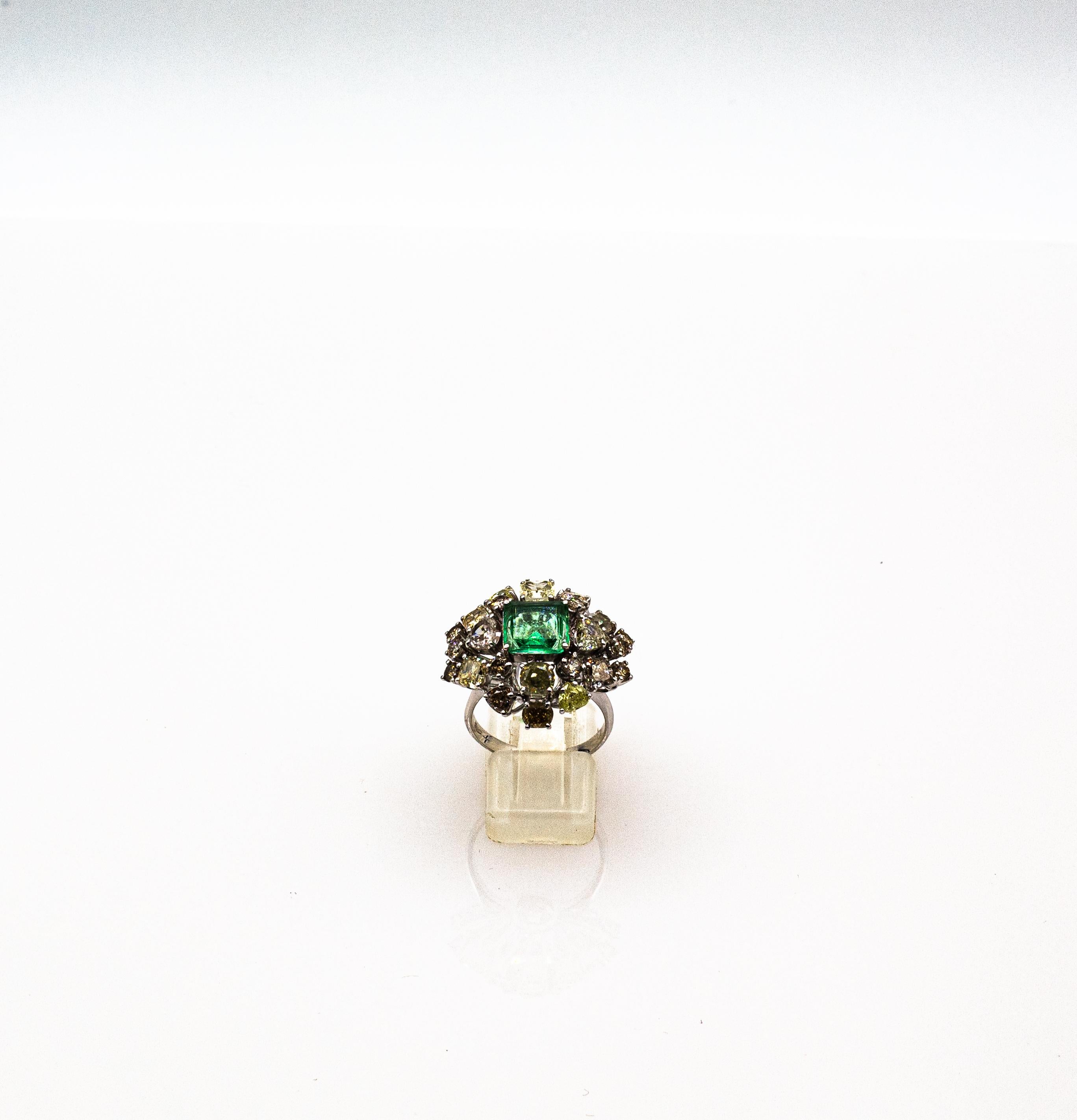 Art Deco Style Mixed Cut Diamond Emerald Cut Emerald White Gold Cocktail Ring In New Condition For Sale In Naples, IT