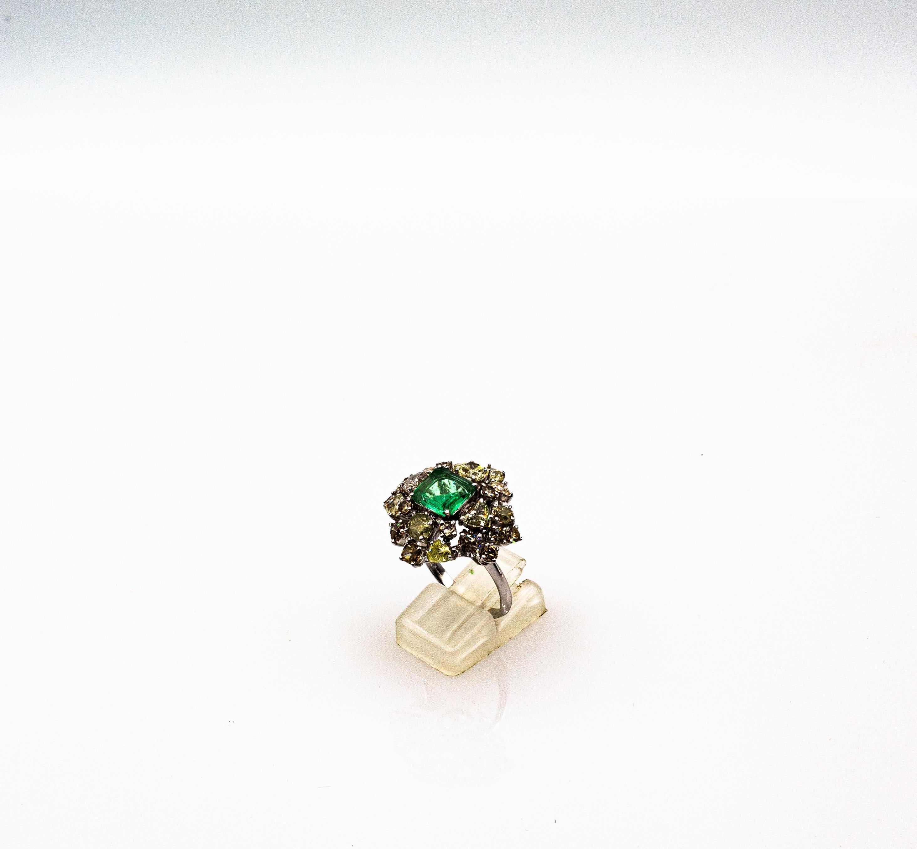 Women's or Men's Art Deco Style Mixed Cut Diamond Emerald Cut Emerald White Gold Cocktail Ring For Sale